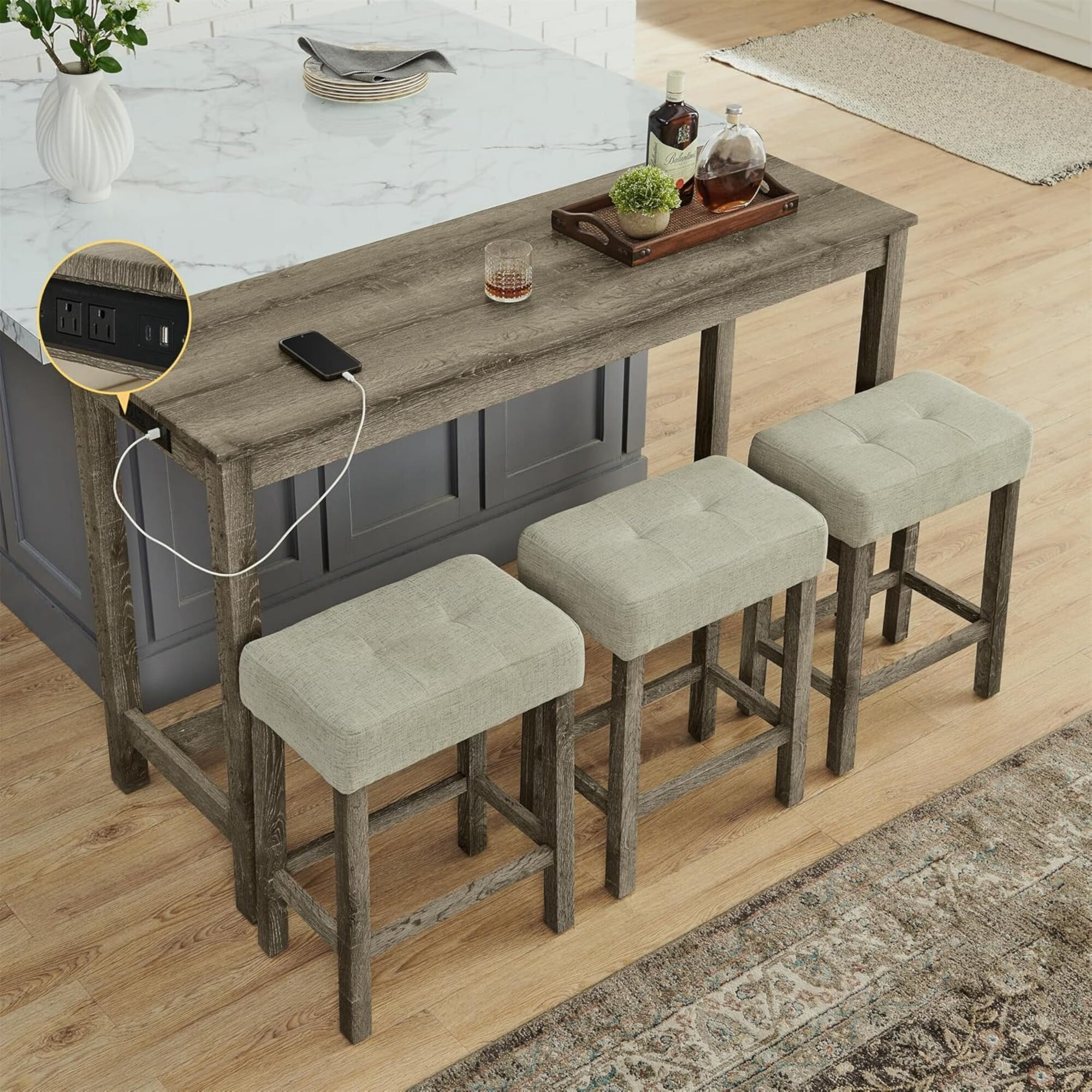 AENKYO 4-Piece Bar Table Set with Charging Station, 59" Counter Height Table and 3 Upholstered Stools for Small Space, Brown
