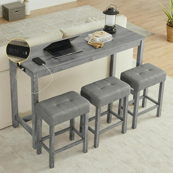 AENKYO 4-Piece Bar Table Set with Charging Station, 59" Counter Height Table and 3 Upholstered Stools for Small Space, Gray