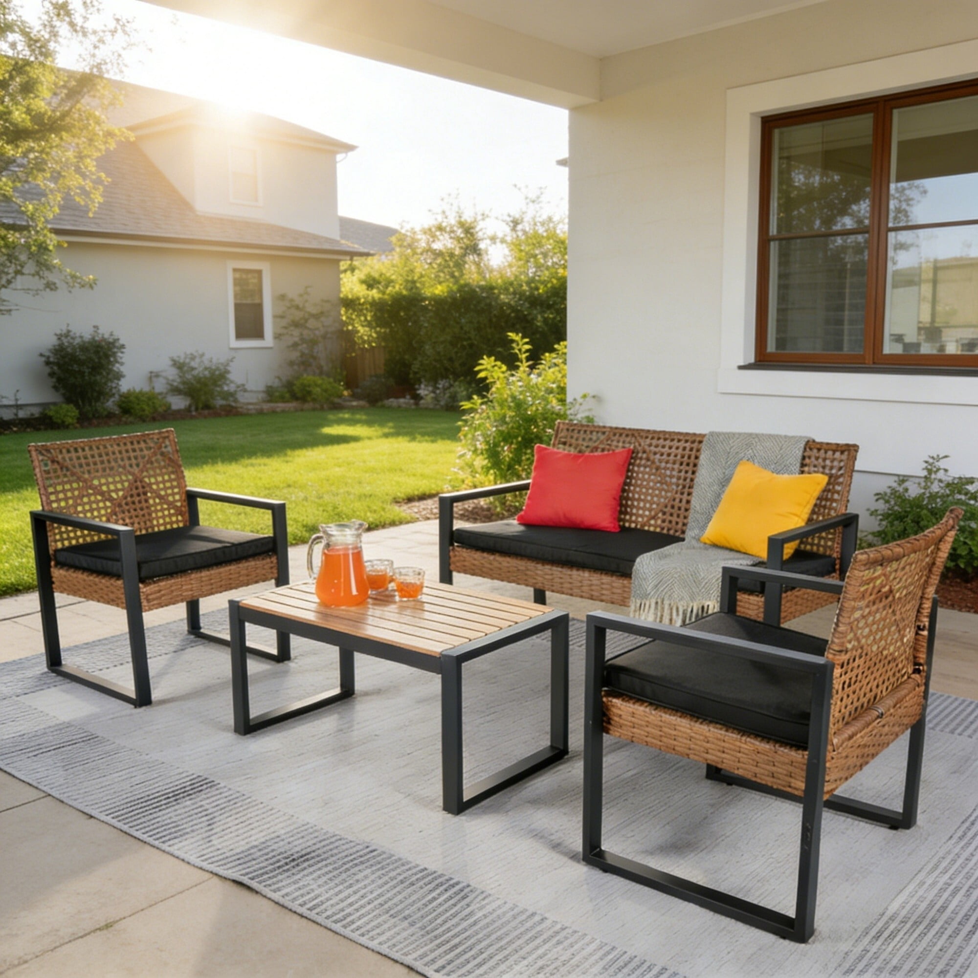 AENKYO 4-Piece Outdoor Patio Conversation Set, PE Rattan Wicker Furniture with Acacia Wood Table Top, Light Brown