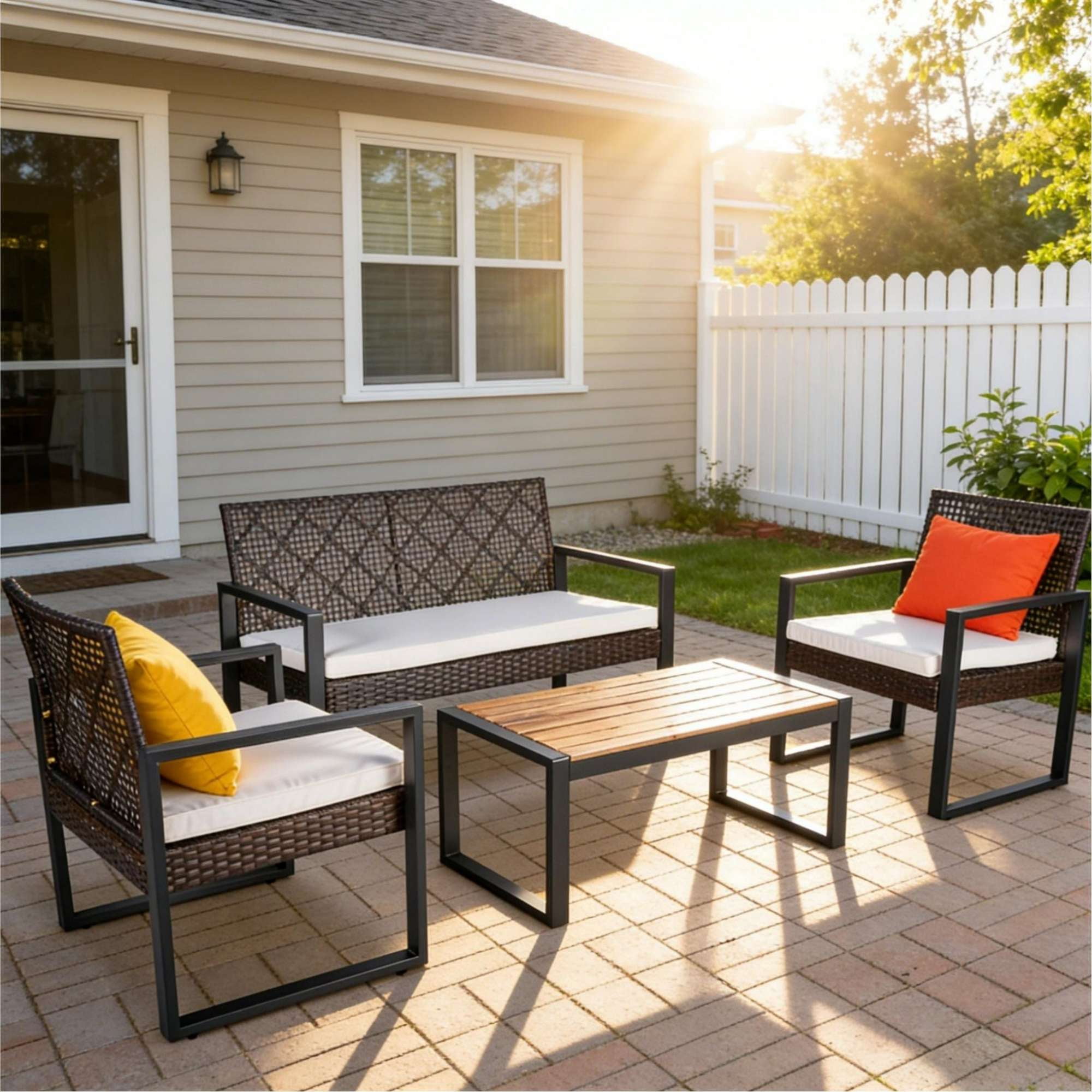 AENKYO 4-Piece Outdoor Patio Furniture Set, All-Weather Wicker Seating Group with Solid Wood Coffee Table, Dark Brown