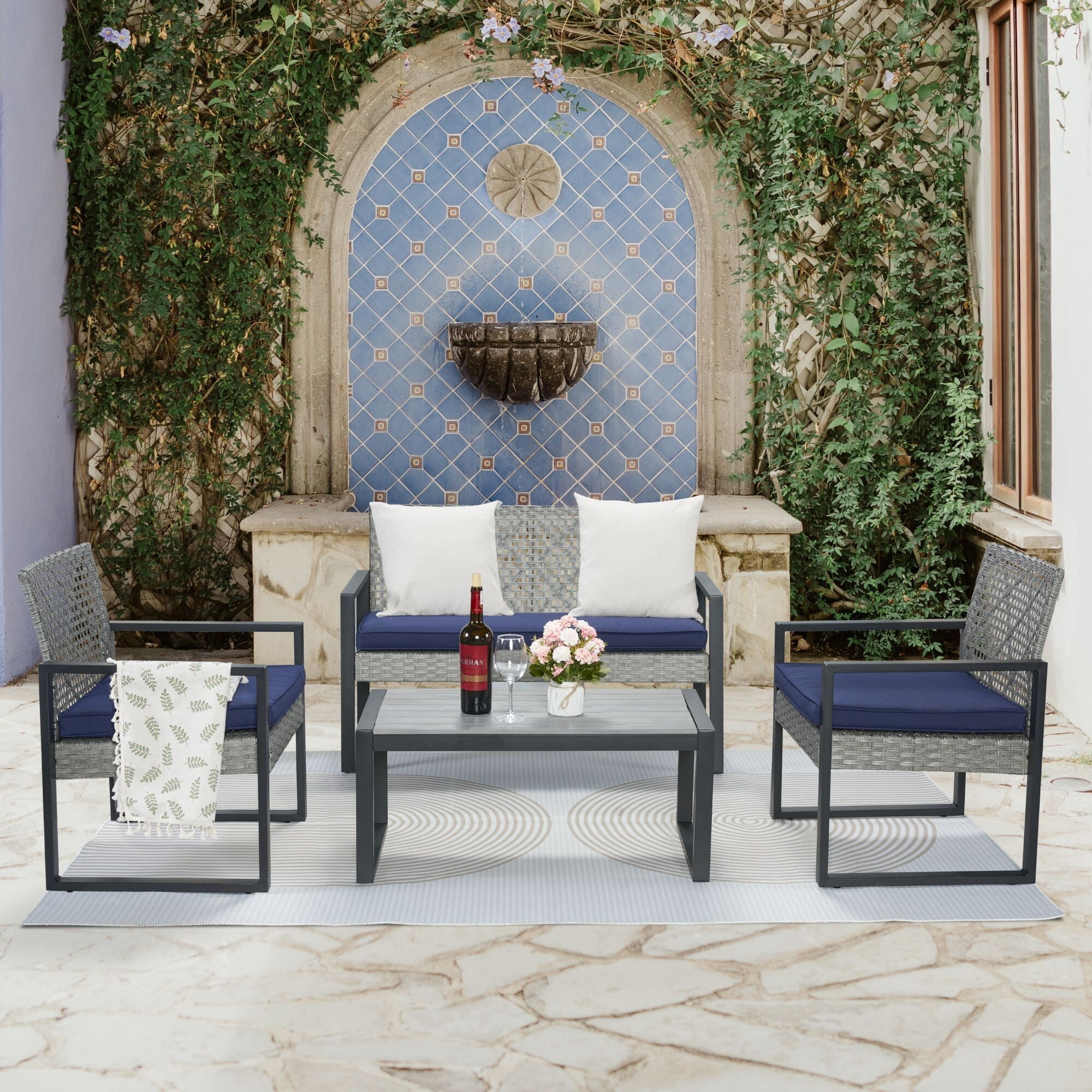 AENKYO 4-Piece Patio Sectional Set with Cushions, Modern Rattan Outdoor Sofa & Acacia Wood Table for Backyard, Gray