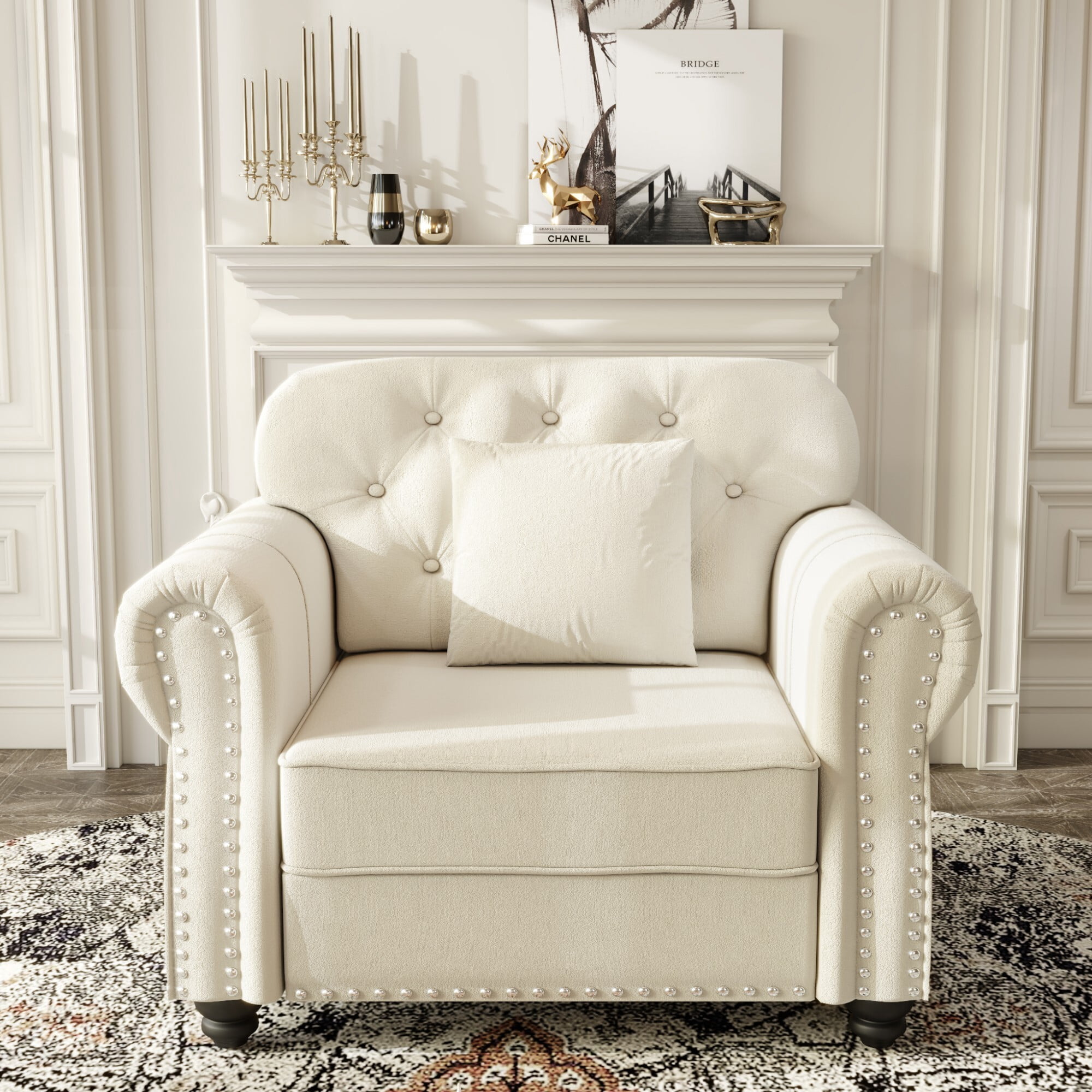 AENKYO 41.3" Chesterfield Velvet Accent Chair, Tufted Single Sofa with Nailhead Trim and Rolled Arms, Beige