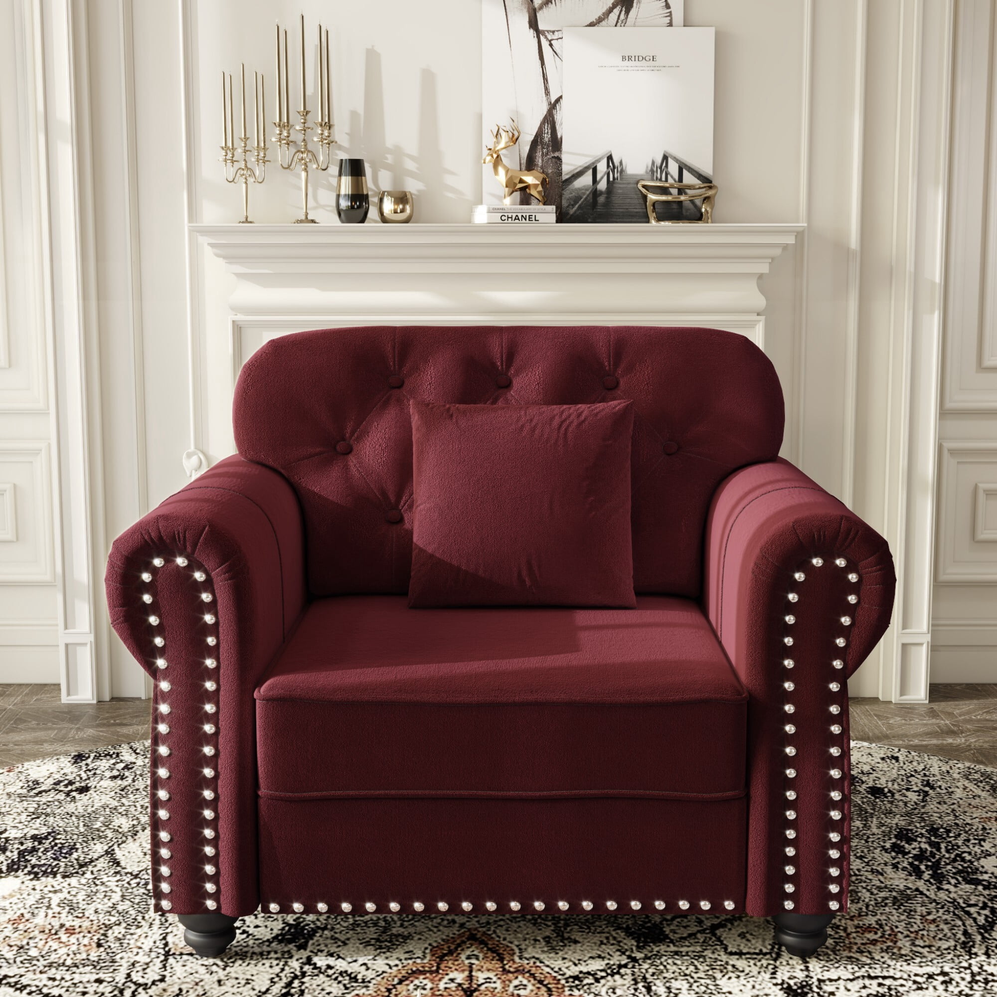 AENKYO 41.3" Chesterfield Velvet Accent Chair, Tufted Single Sofa with Nailhead Trim and Rolled Arms, Burgundy