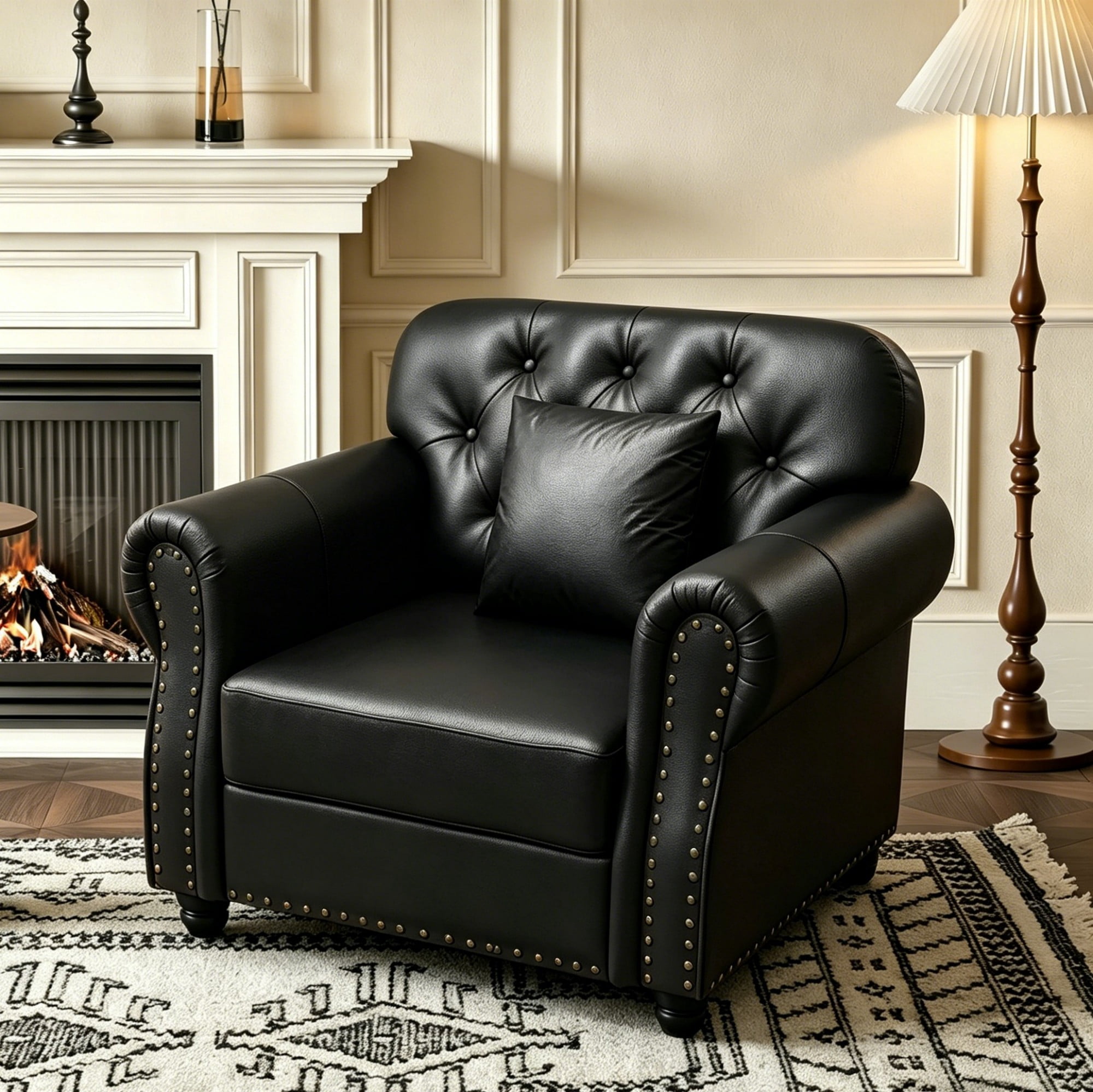 AENKYO 41.3" Faux Leather Chesterfield Chair, Mid-Century Tufted Accent Armchair with Nailhead Trim & Pillow, Black