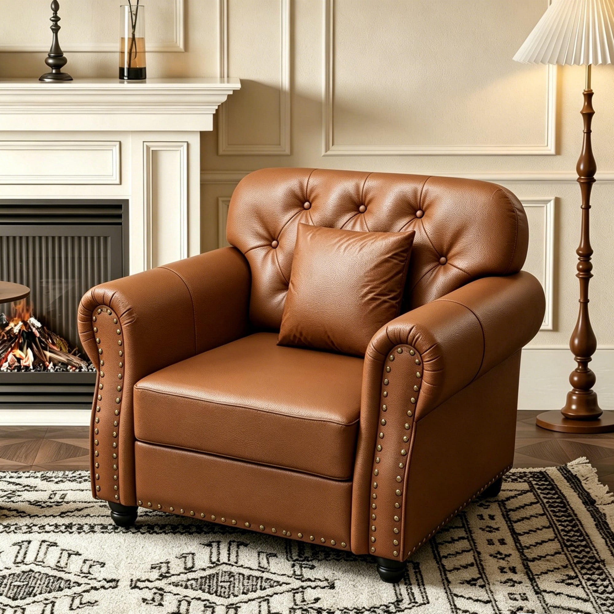 AENKYO 41.3" Faux Leather Chesterfield Chair, Mid-Century Tufted Accent Armchair with Nailhead Trim & Pillow, Brown