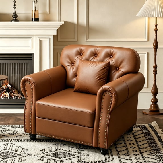 AENKYO 41.3" Faux Leather Chesterfield Chair, Mid-Century Tufted Accent Armchair with Nailhead Trim & Pillow, Brown