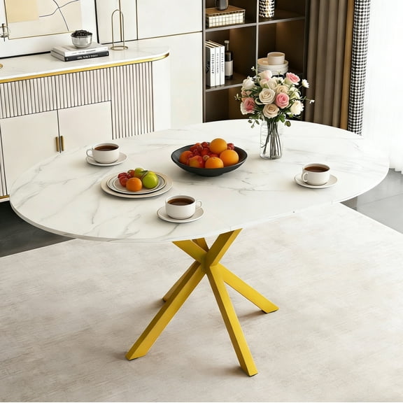 AENKYO 42"-58" Expandable Round Dining Table, Faux White Marble Top & Gold X-Base Pedestal, Seats 4-6