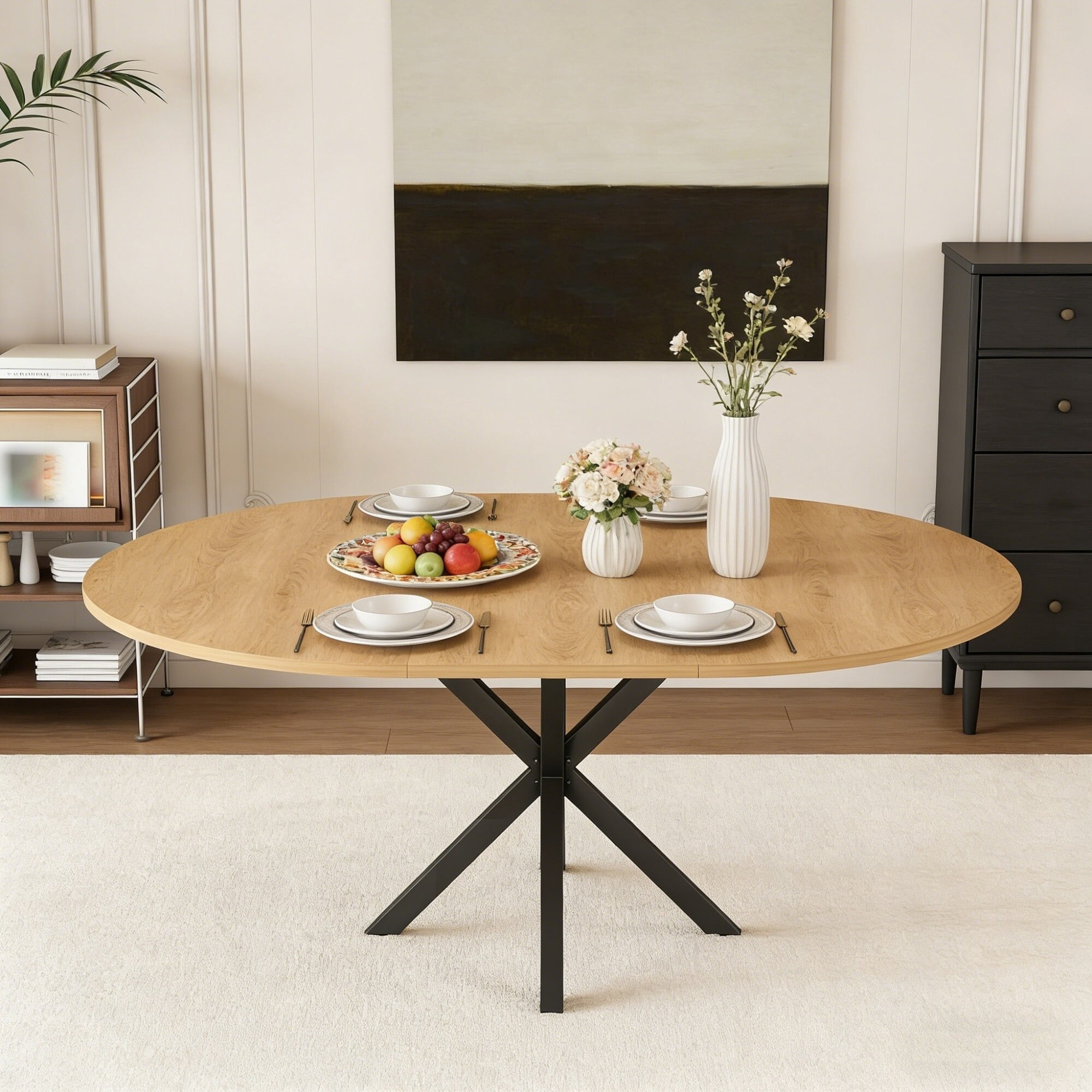 AENKYO 42"-58" Expandable Round Dining Table, Natural Wood Color Top & Black X-Base Pedestal, Seats 4-6