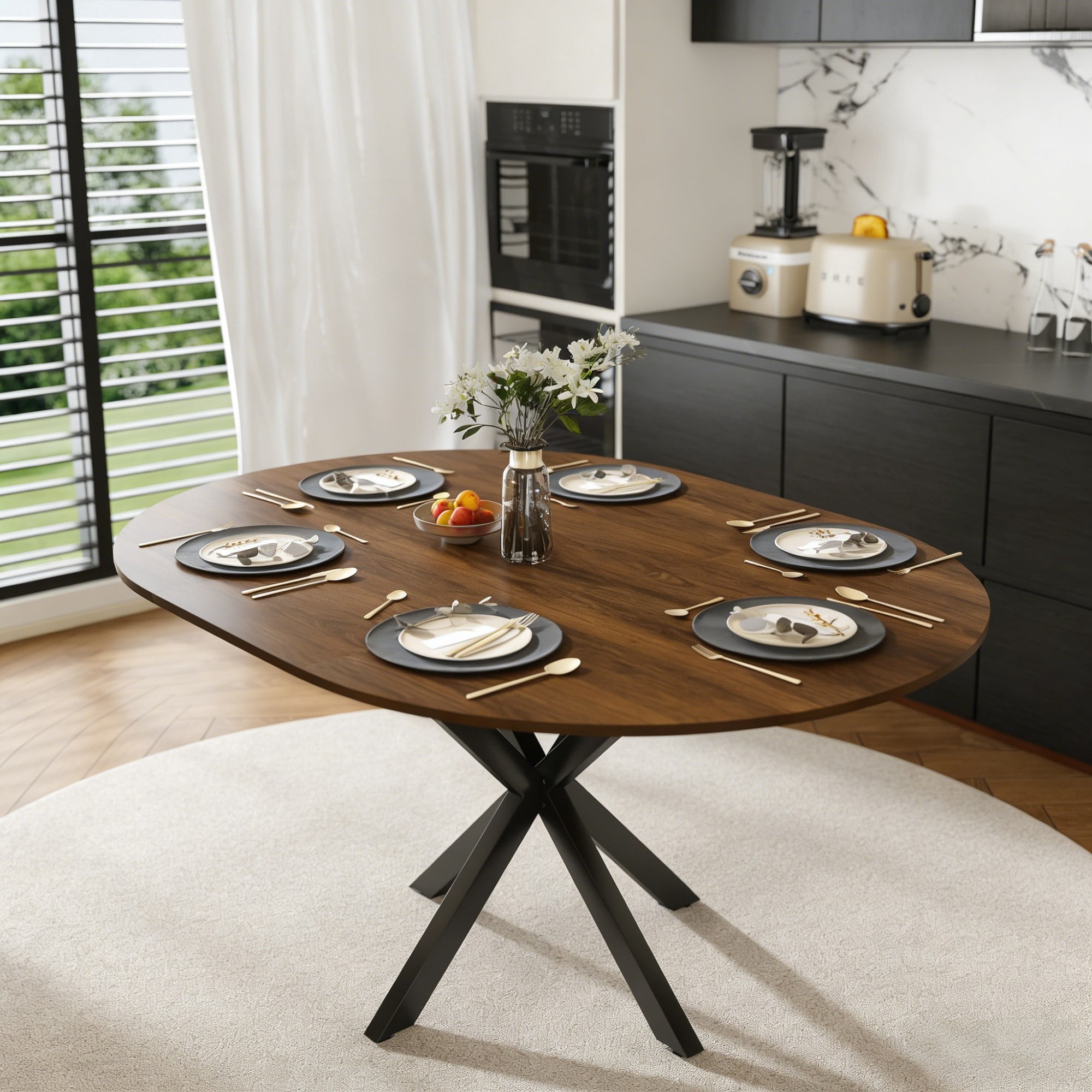 AENKYO 42"-58" Expandable Round Dining Table, Walnut Brown Wood Top & Black X-Base Pedestal, Seats 4-6