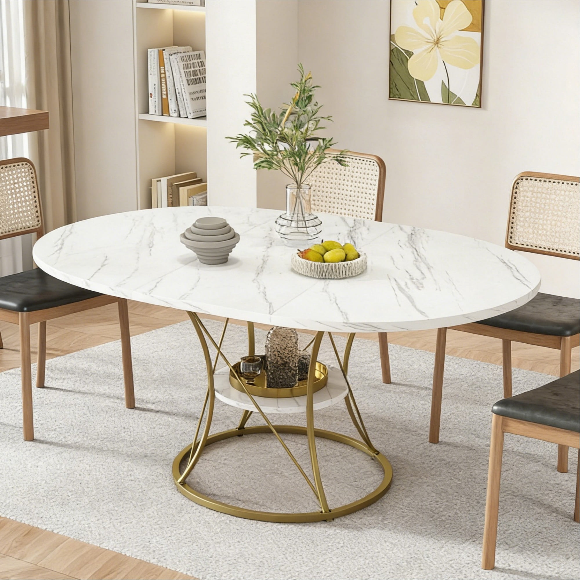 AENKYO 43"-59" Expandable Round Dining Table with Storage, White Marble Top & Gold Hourglass Metal Base, Seats 4-6