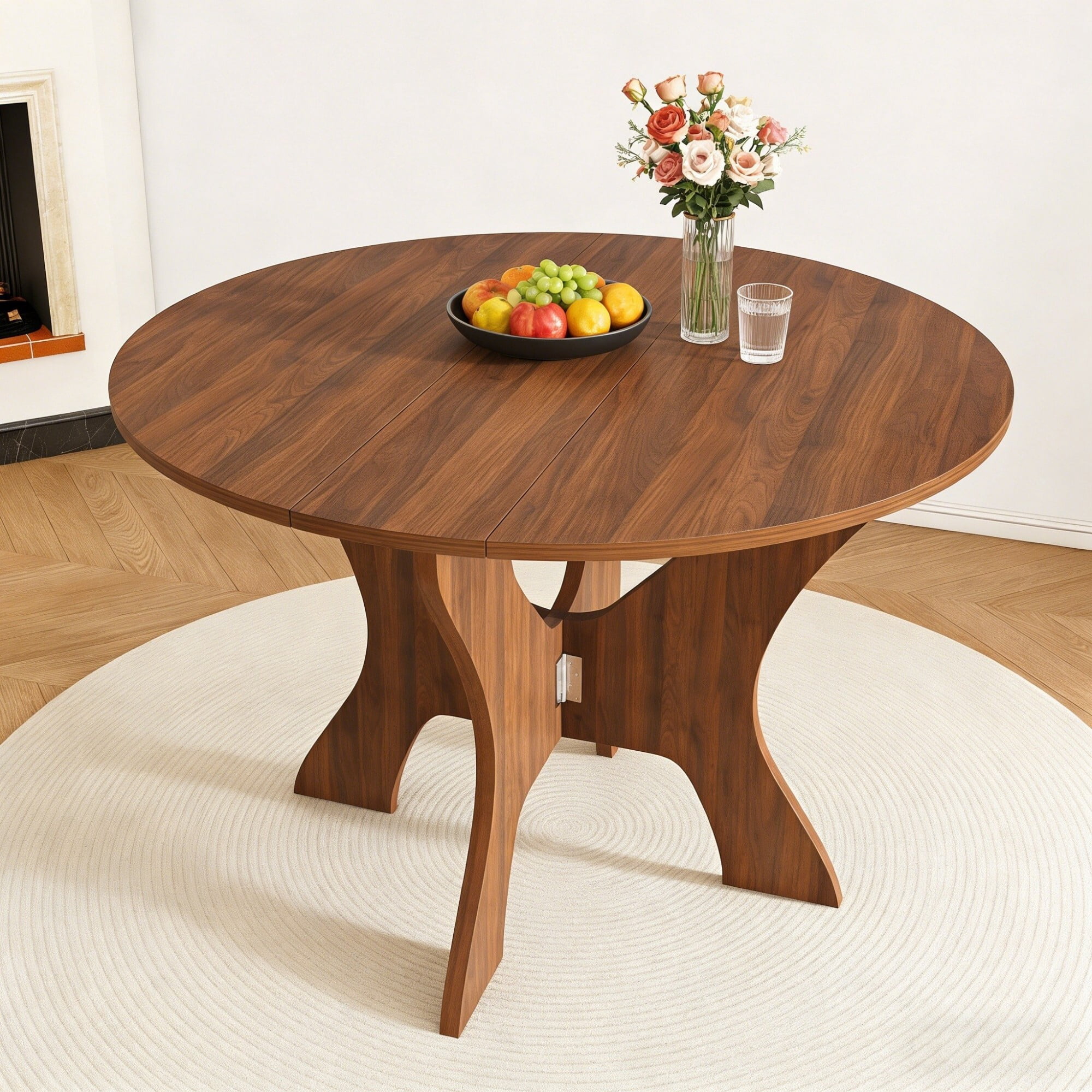 AENKYO 43" Folding Dining Table, Space Saving Drop Leaf Kitchen Table for Small Spaces, Walnut Round Table for 4