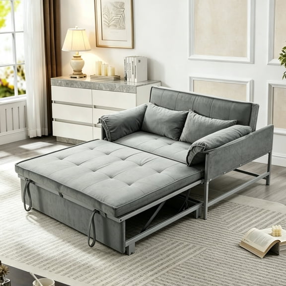 AENKYO 46" Velvet Pull-out Sleeper Sofa Bed, Convertible Reclining Loveseat with 2 Pillows for Small Spaces, Gray