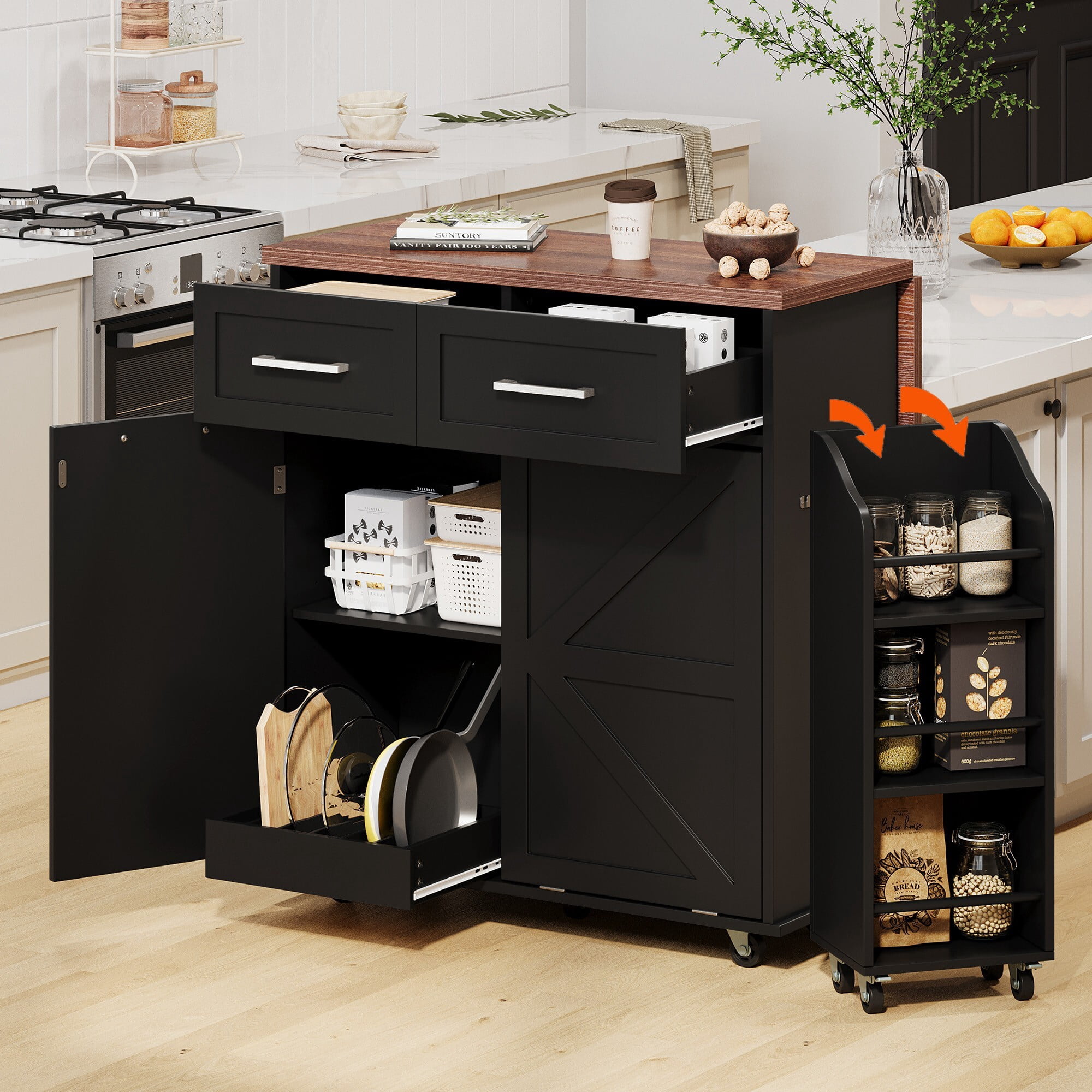 AENKYO 47.2" Farmhouse Kitchen Island with Removable Side Shelf, Tilt-Out Trash Bin, Storage Cabinet & Drawers, Black
