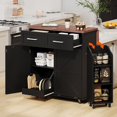 thumbnail image 1 of AENKYO 47.2" Farmhouse Kitchen Island with Removable Side Shelf, Tilt-Out Trash Bin, Storage Cabinet & Drawers, Black, 1 of 10