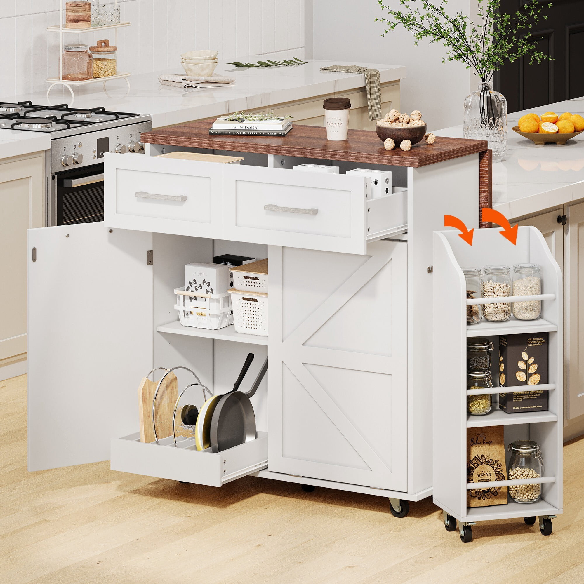 AENKYO 47.2" Farmhouse Kitchen Island with Removable Side Shelf, Tilt-Out Trash Bin, Storage Cabinet & Drawers, White