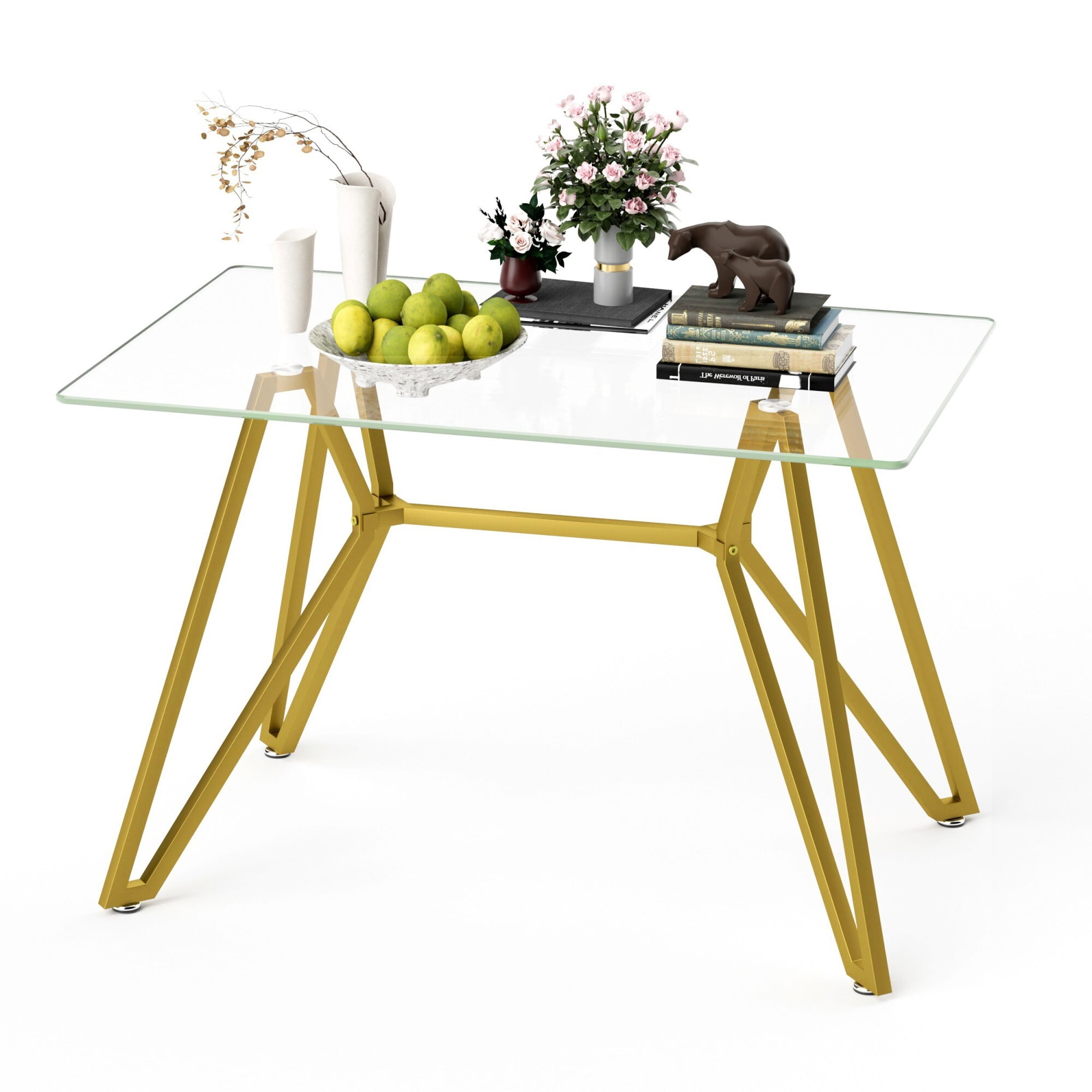 AENKYO 47.3'' Modern Glass Dining Table, Rectangular Tempered Glass Top with Metal Legs, Small Kitchen Table for Home, Gold