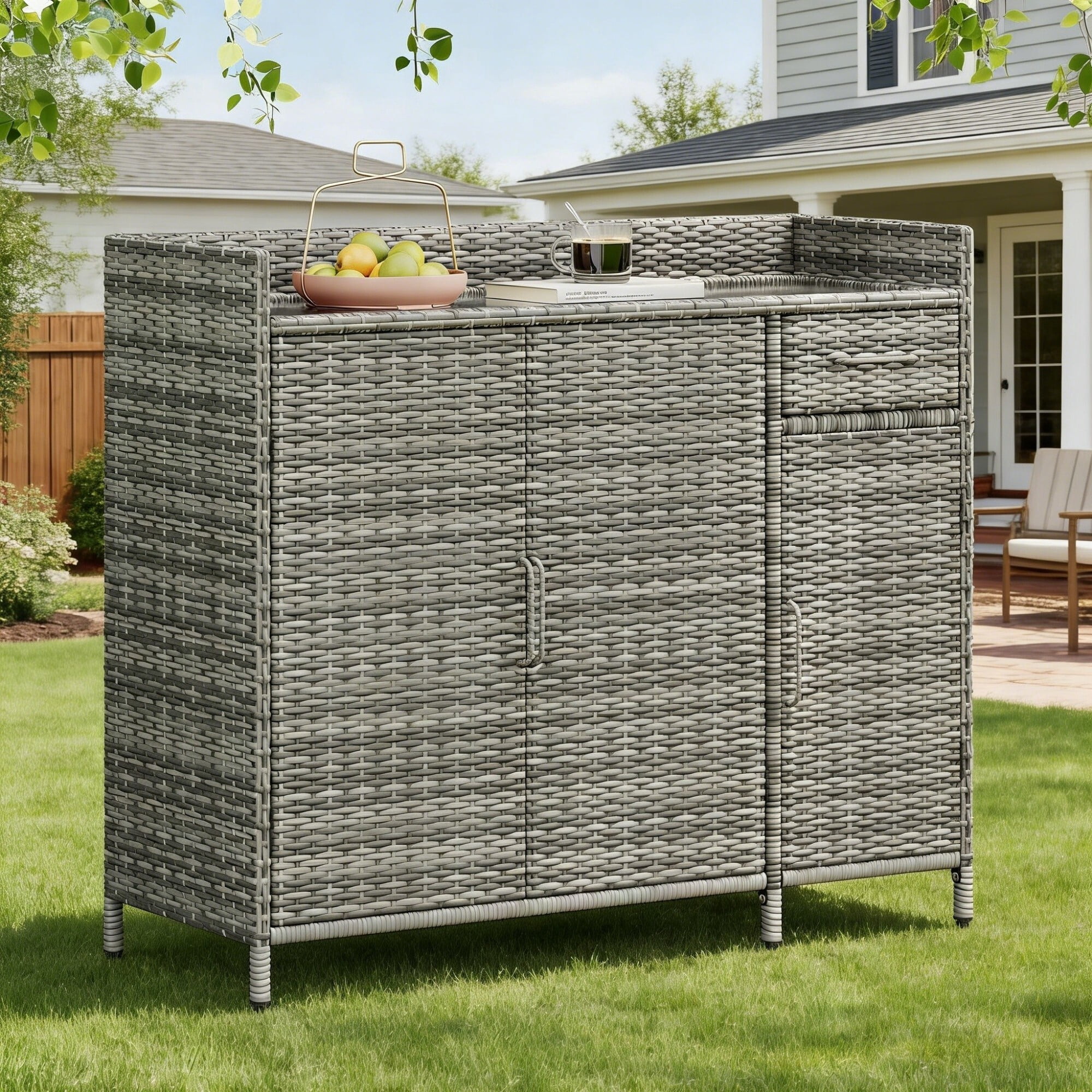 AENKYO 47.5" Wicker Outdoor Storage Cabinet with Tempered Glass Top, 3-Door Rattan Bar Table for Patio, Poolside, Gray