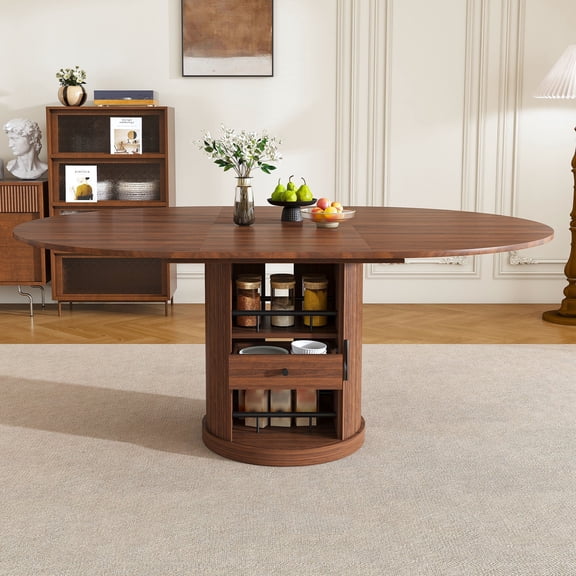 AENKYO 47-59" Extendable Oval Dining Table, Modern Kitchen Table with Storage Pedestal & Drawer, Walnut