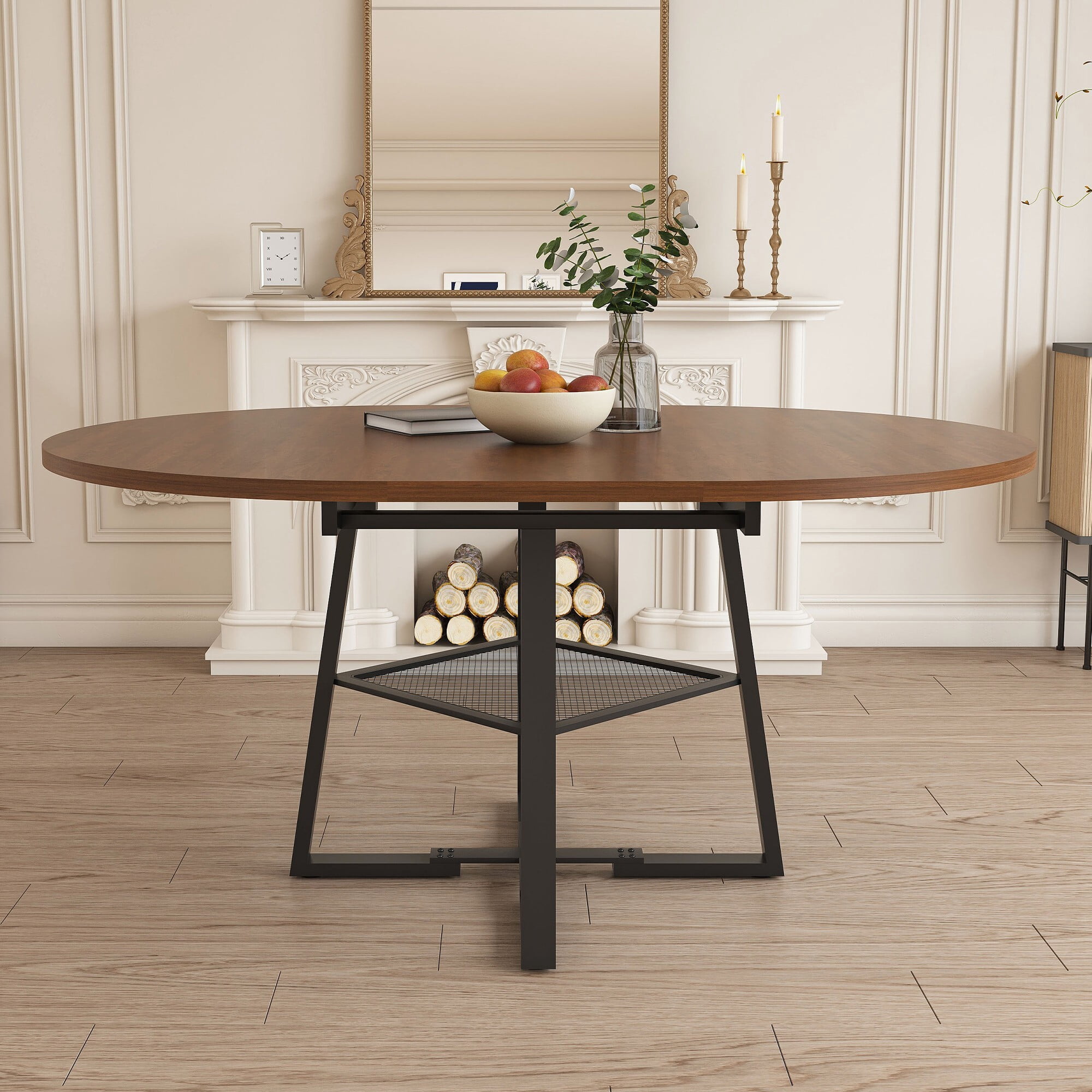 AENKYO 47-59" Extendable Round Dining Table for 4-8 People, Kitchen Table with Metal Storage Shelf, Walnut