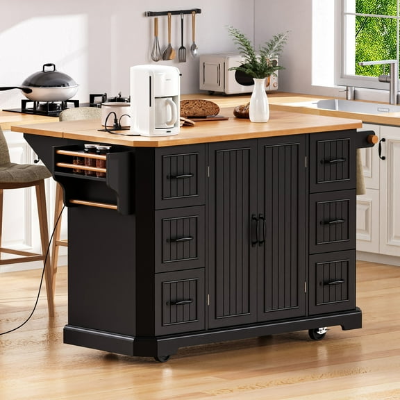 AENKYO 47'' Kitchen Island with Drop Leaf and Power Outlet, Farmhouse Rolling Kitchen Storage Cart with 6 Drawers, Black