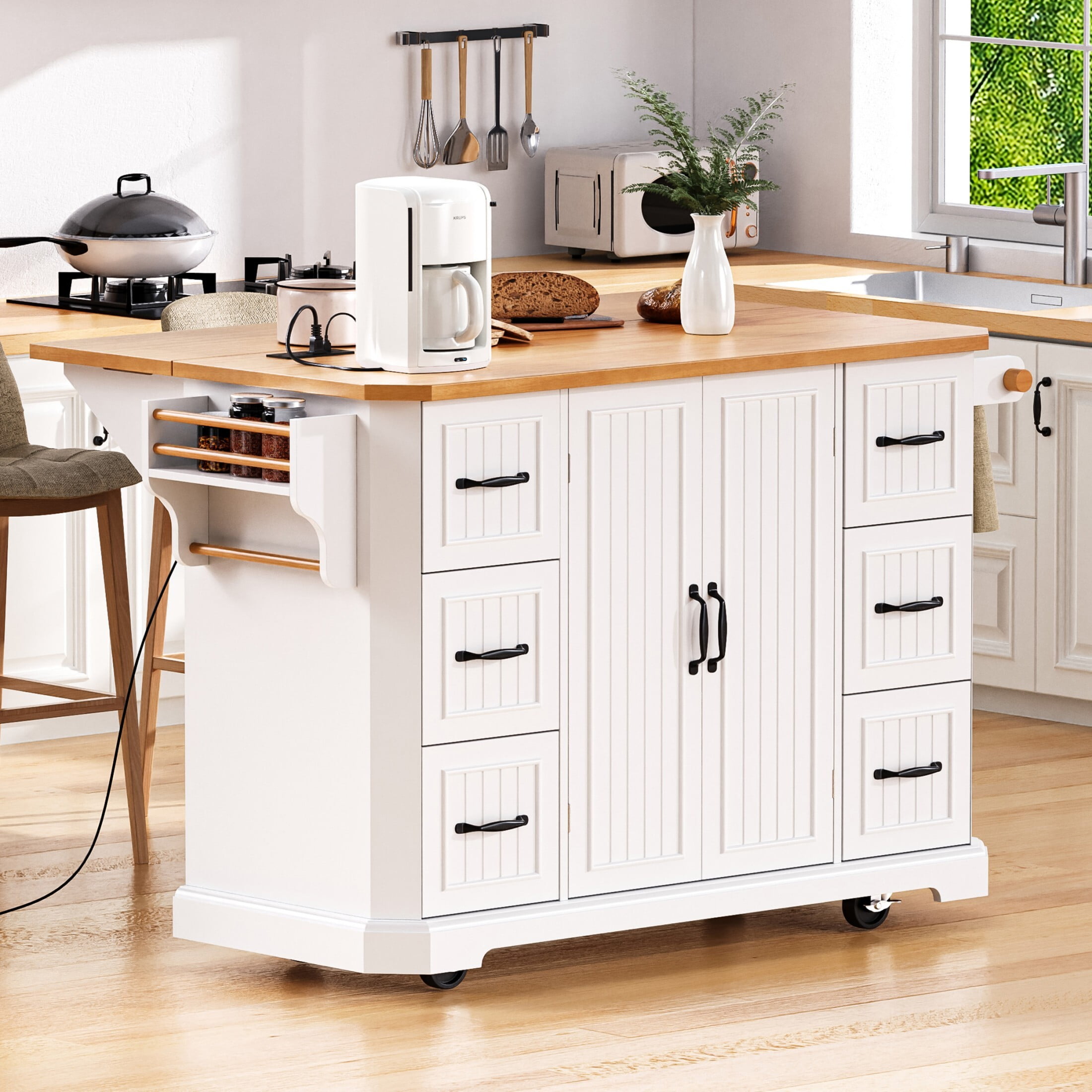 AENKYO 47'' Kitchen Island with Drop Leaf and Power Outlet, Farmhouse Rolling Kitchen Storage Cart with 6 Drawers, White