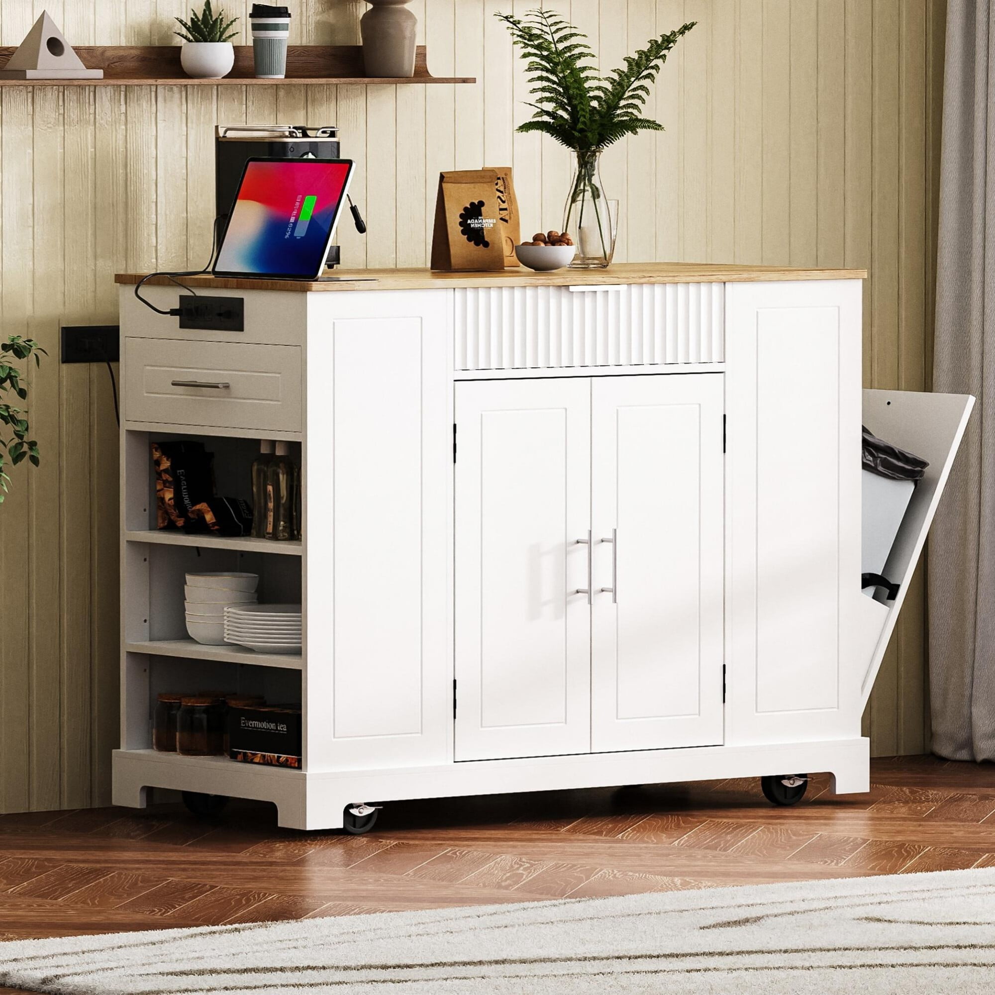 AENKYO 47" Kitchen Island with Power Outlet & Hidden Trash Can, Mobile Kitchen Cart with Drawers and Shelves, White