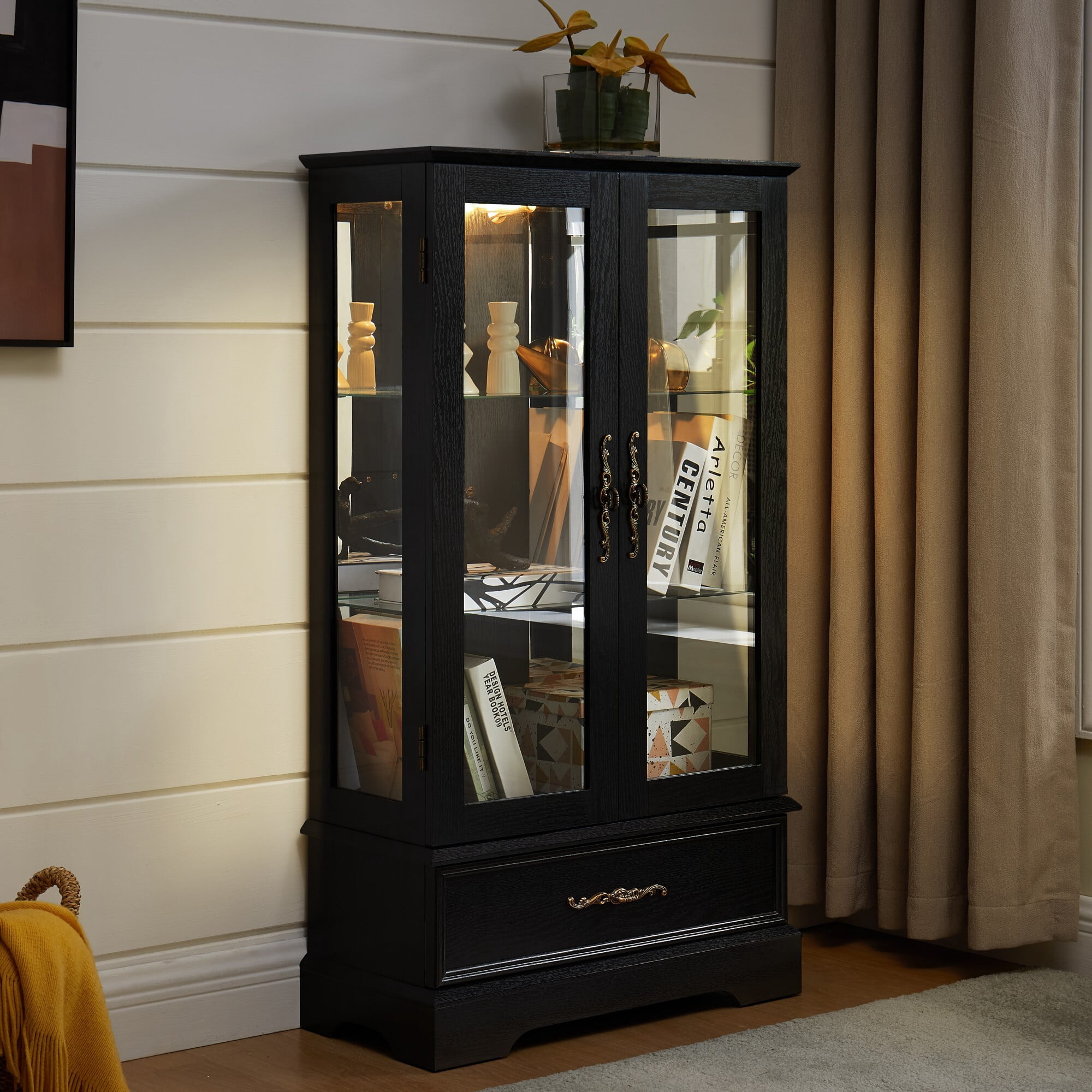 AENKYO 47" Retro Glass Curio Cabinet with Light Bulb - Vintage Display Case with Adjustable Glass Shelves, Black