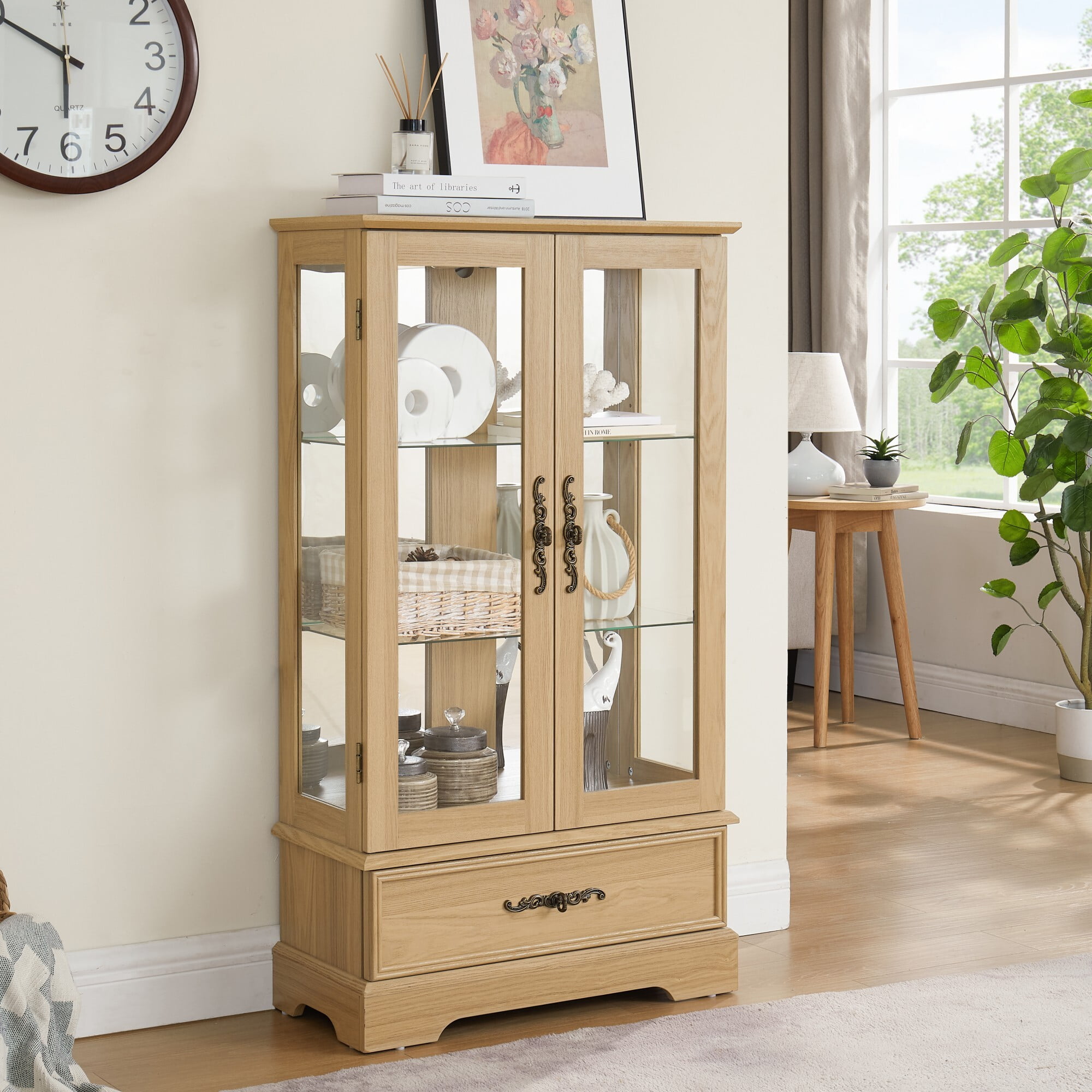 AENKYO 47" Retro Glass Curio Cabinet with Light Bulb - Vintage Display Case with Adjustable Glass Shelves, Oak