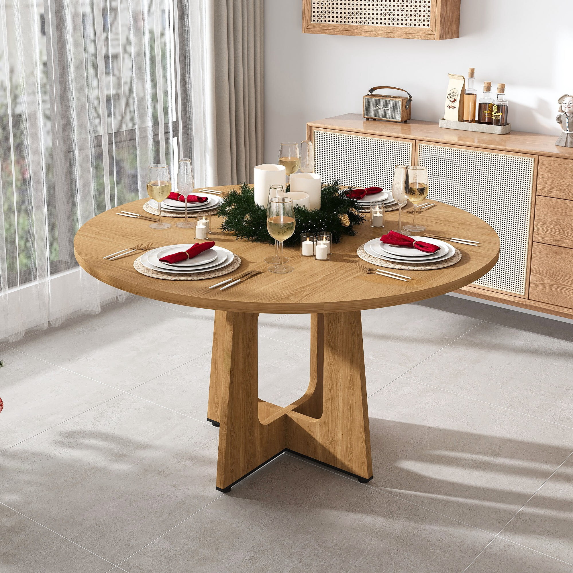 AENKYO 47" Round Dining Table, Mid-Century Wood Kitchen Table for 4-6 People, Heavy Duty Pedestal Base, Oak
