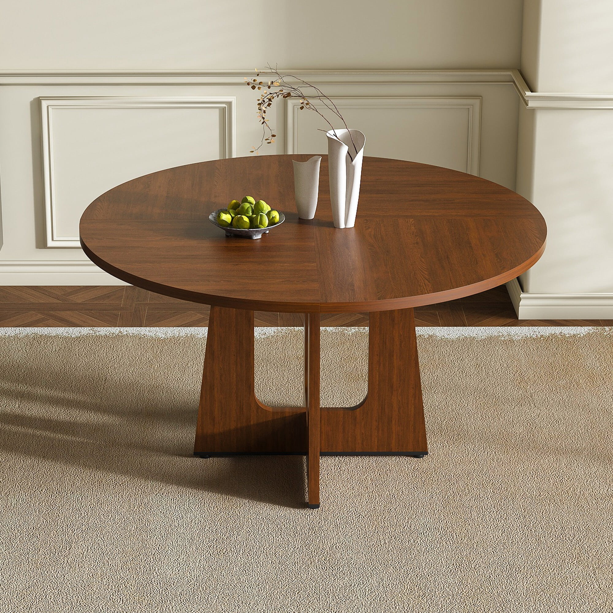 AENKYO 47" Round Dining Table, Mid-Century Wood Kitchen Table for 4-6 People, Heavy Duty Pedestal Base, Walnut