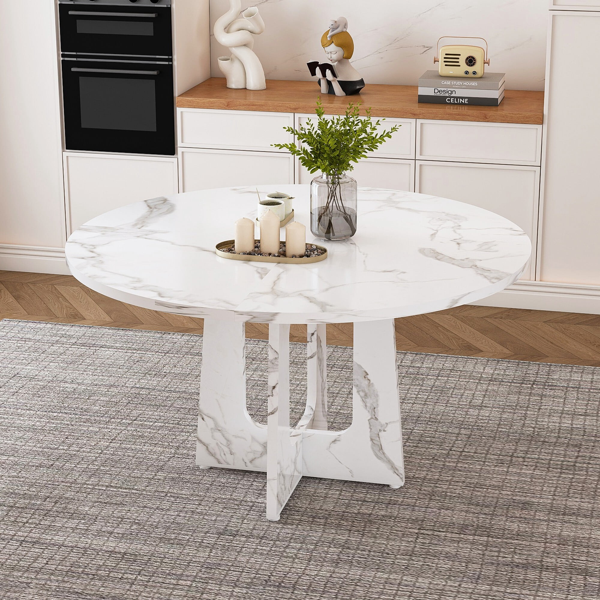 AENKYO 47" Round Dining Table, Modern Faux Marble Texture Kitchen Table for 4-6, Heavy Duty Pedestal Base, White