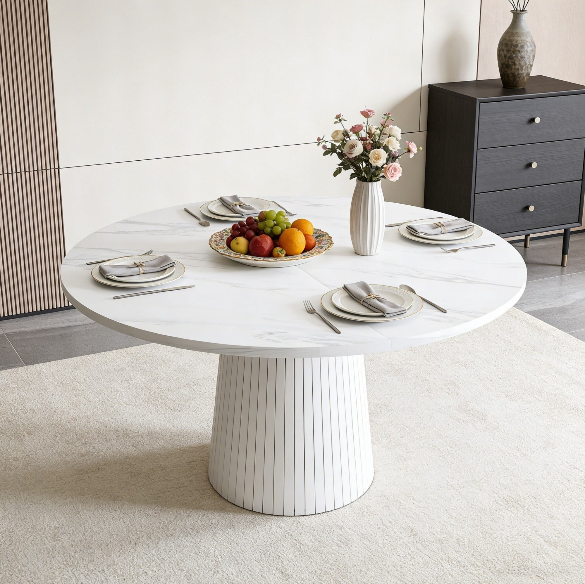AENKYO 47" Round Dining Table for 4, Modern Farmhouse Pedestal Kitchen Table with Wood Strip Base, Marble Finish