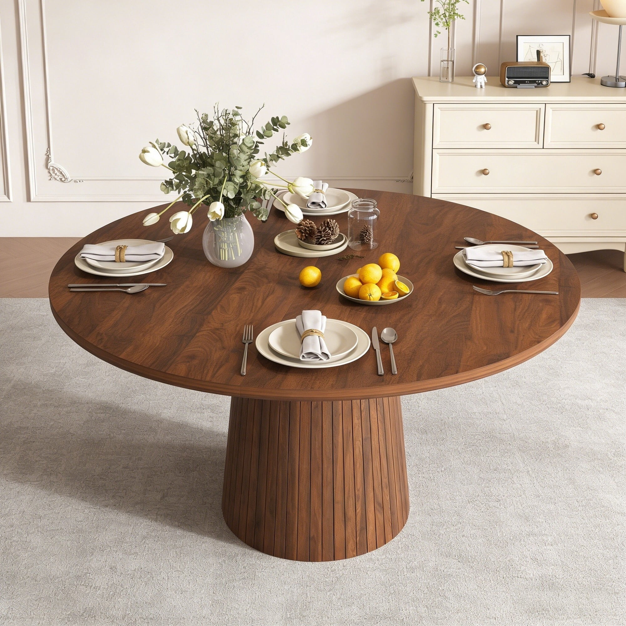 AENKYO 47" Round Dining Table for 4, Modern Farmhouse Pedestal Kitchen Table with Wood Strip Base, Walnut Finish