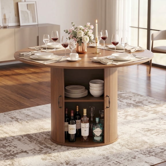 AENKYO 47" Round Dining Table with Storage Shelf, Pedestal Kitchen Table with Slated Tambour Doors, Walnut Finish