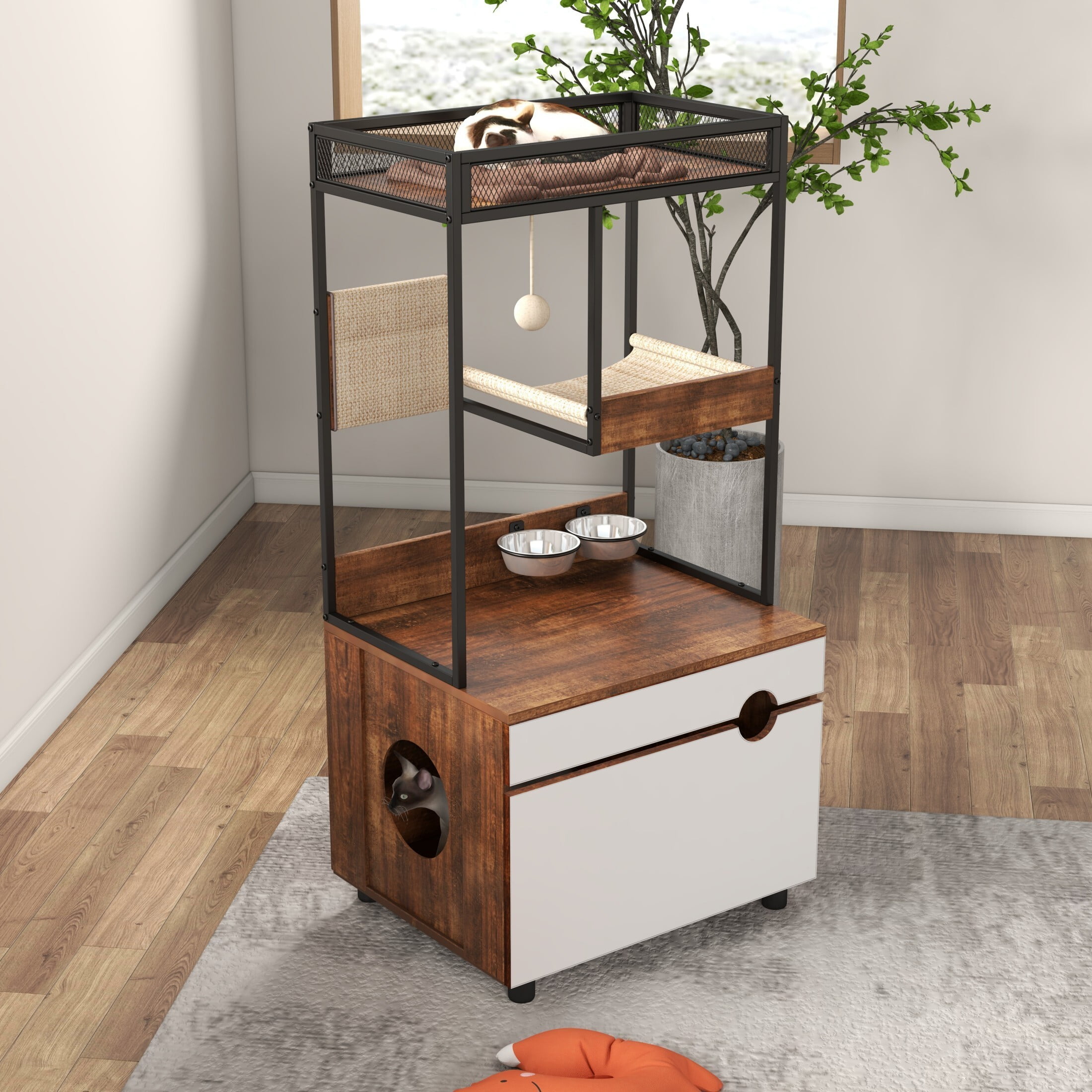AENKYO 48.03 inch Indoor 4-level Cat Tree with Cat Nest, Cat Tower with 2 Bowls and Scratch Mats, Rustic Oak