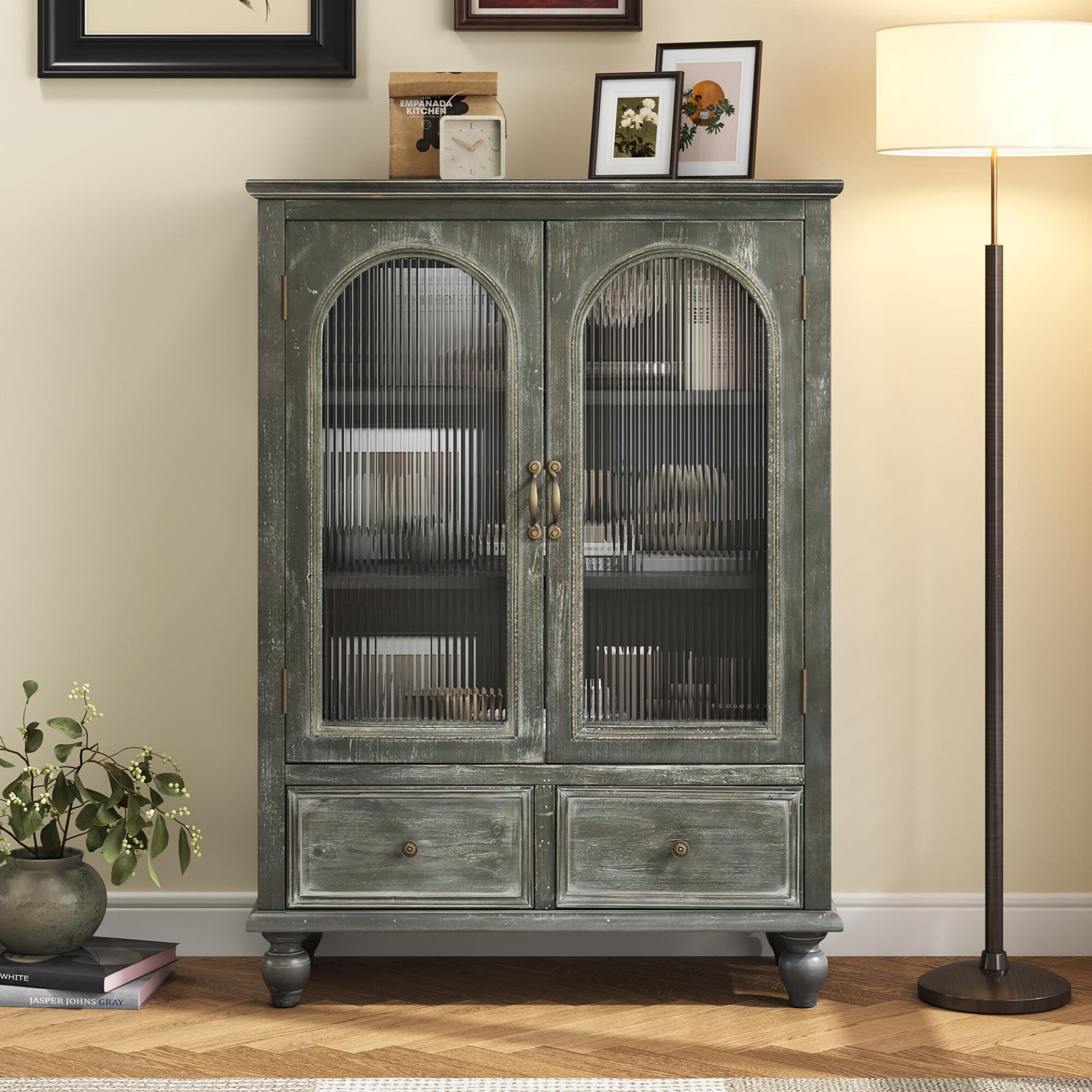 AENKYO 48" Farmhouse Storage Cabinet, Wood Kitchen Pantry with Arched Fluted Glass Doors & 2 Drawers, Gray