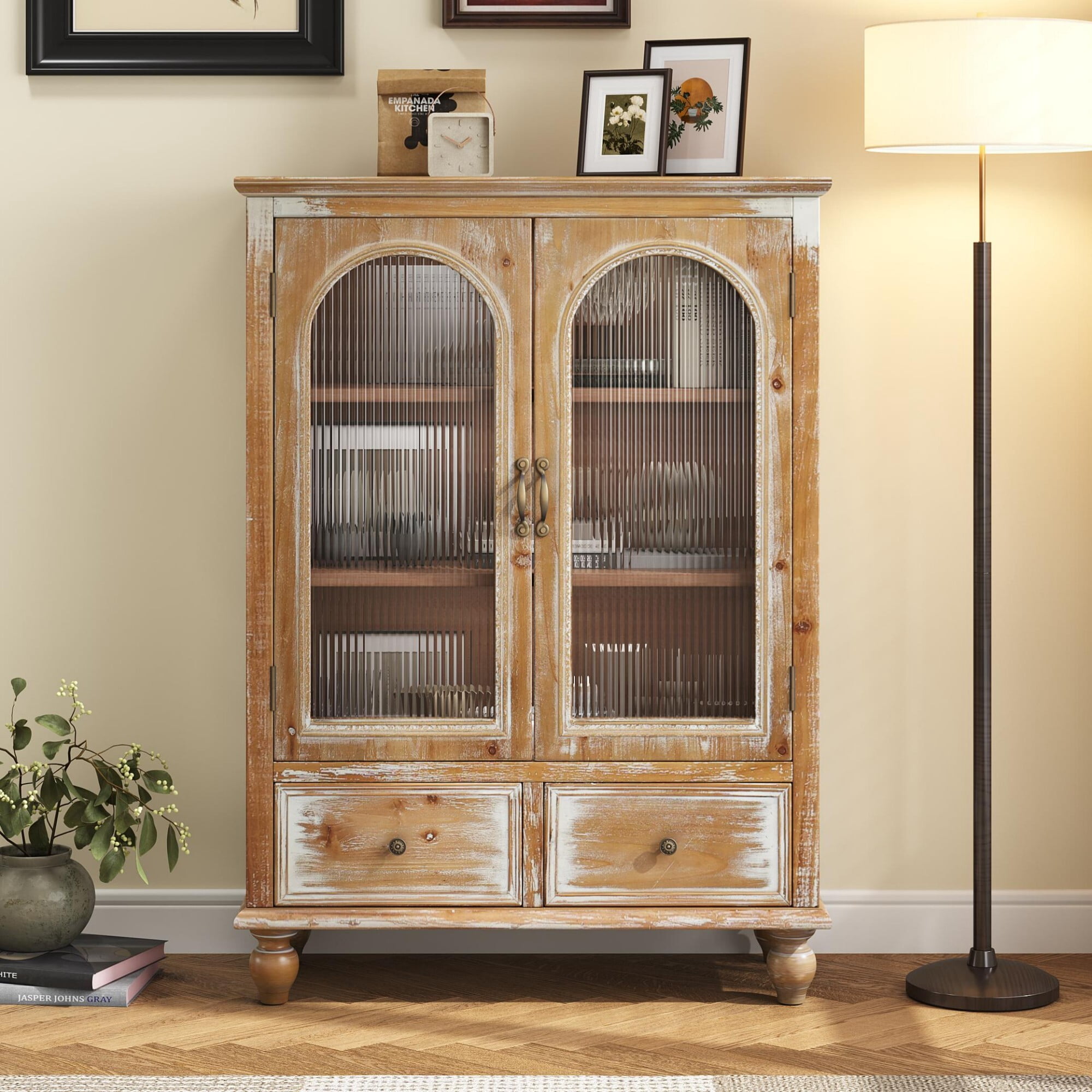 AENKYO 48" Farmhouse Storage Cabinet, Wood Kitchen Pantry with Arched Fluted Glass Doors & 2 Drawers, Natural