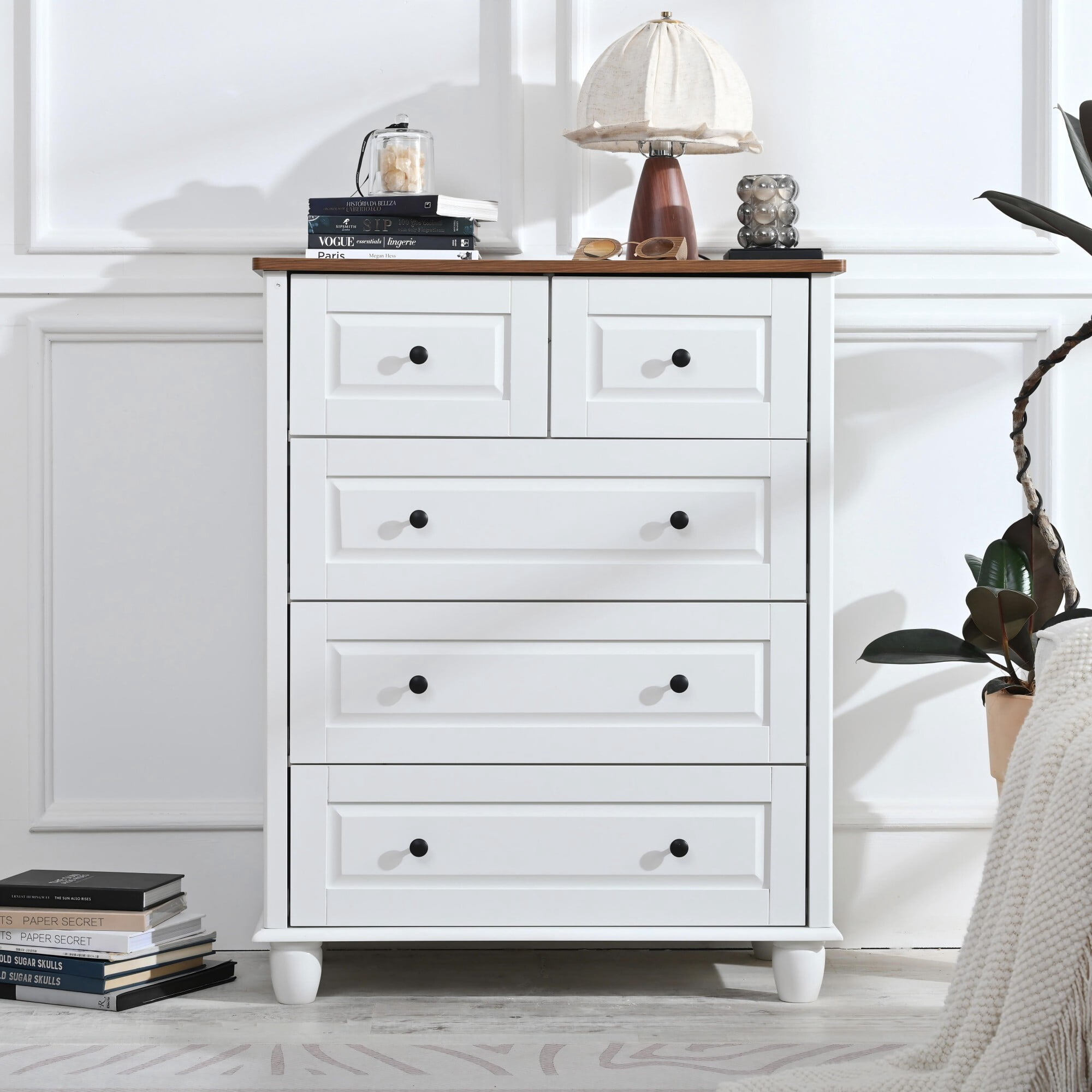 AENKYO 5-Drawer Dresser with Walnut Top, Drawer Chest for Bedroom ...