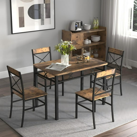 AENKYO 5-Piece Dining Set for 4, Space-Saving Small Kitchen Table with Chairs, Rustic Brown Industrial Farmhouse Style