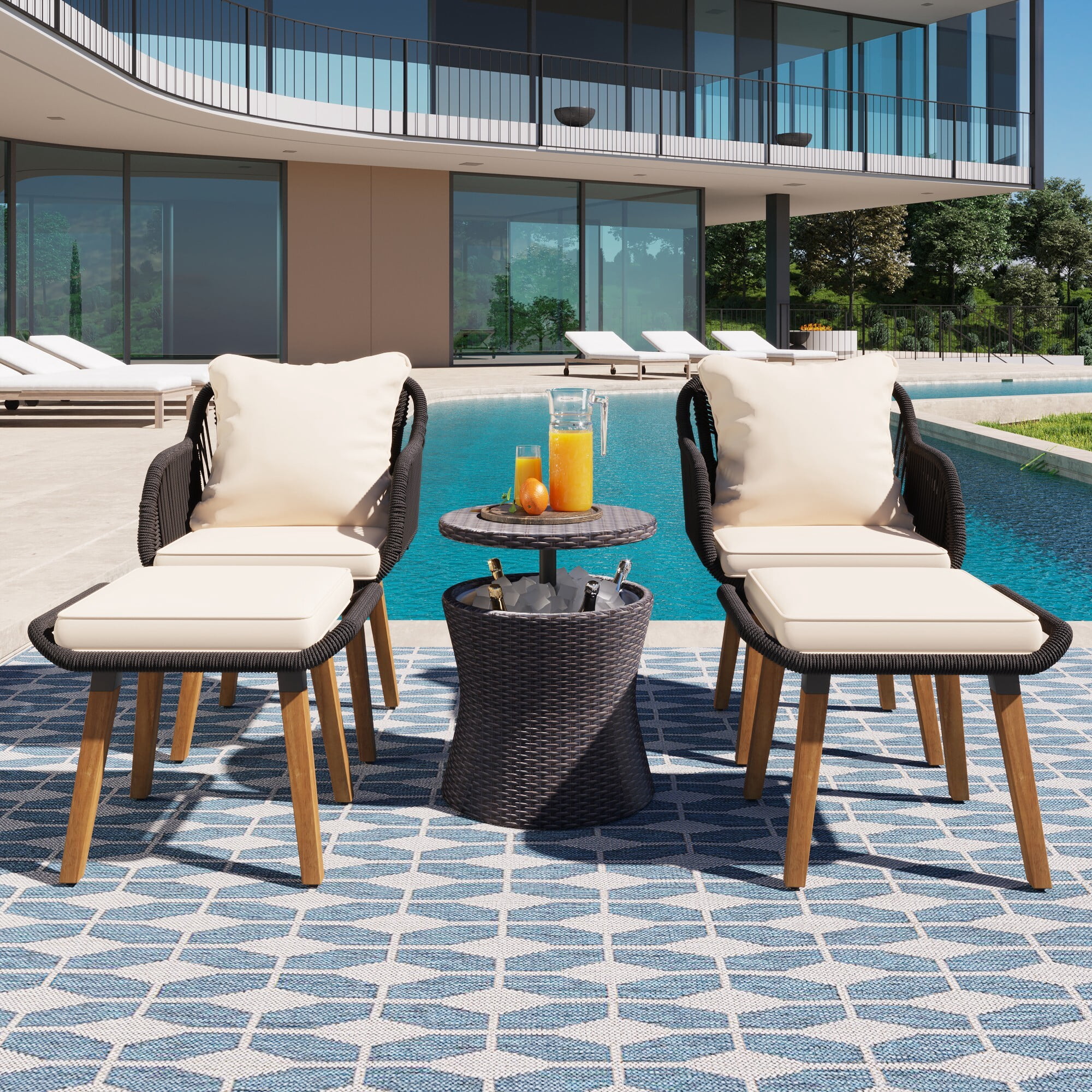 AENKYO 5-Piece Outdoor Rope Woven Patio Conversation Set with Pop-Up Cooler Bar Table, Black Rope with Off-White Cushions