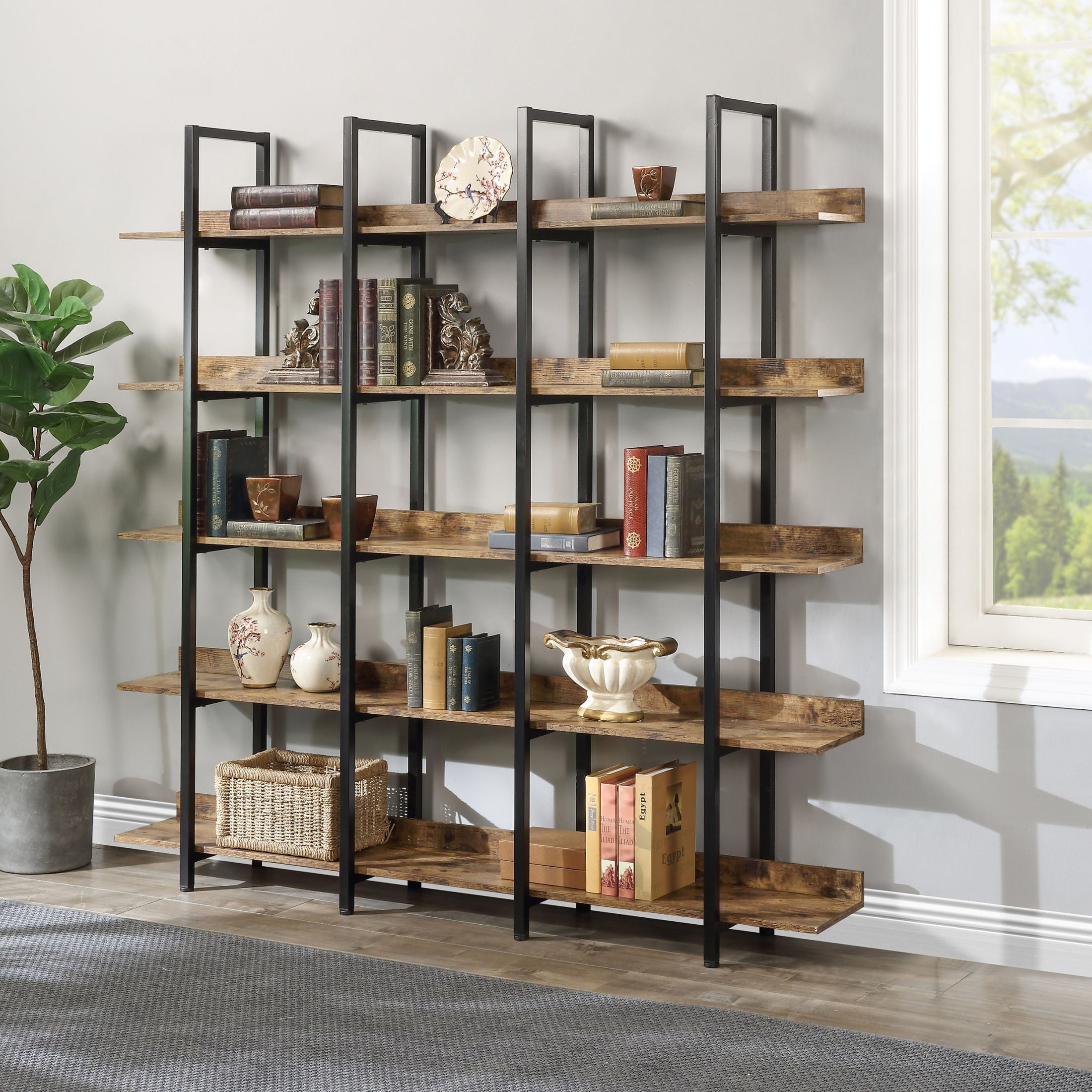AENKYO 5-tier Bookcase with Open Shelves, Metal frame Shelf Room Divider for Books, Plants, Brown