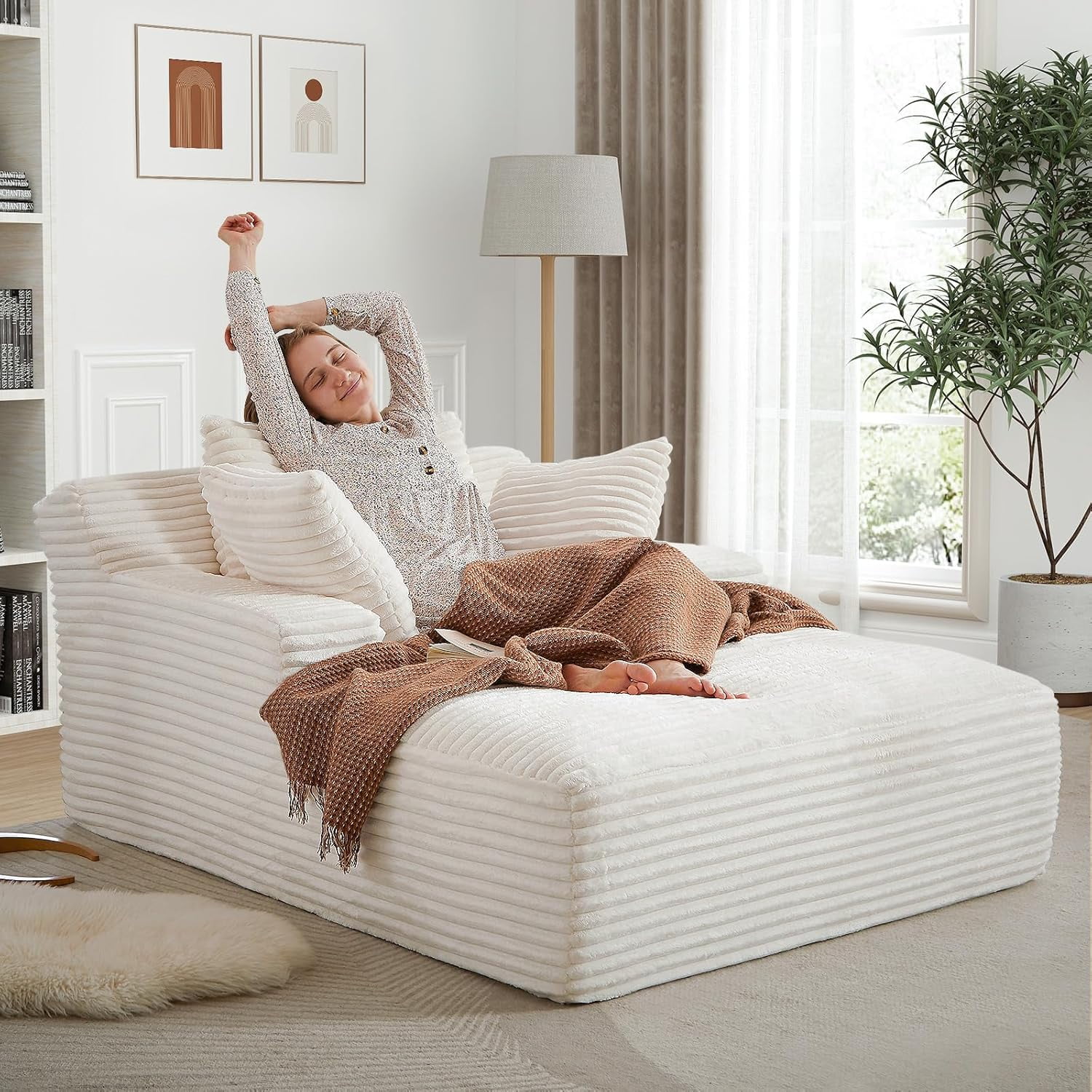AENKYO 50" Chaise Lounge Sofa Bed with 3 Pillows, Convertible Sleeper Couch for Living Room, Bedroom & Small Spaces - Corduroy Upholstered Deep Seat Comfy Furniture - White