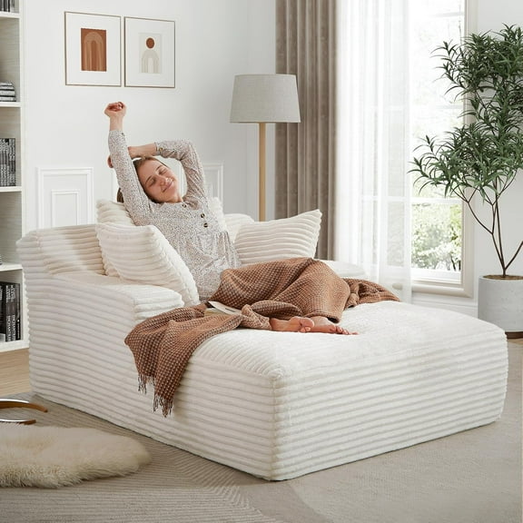 AENKYO 50" Chaise Lounge Sofa Bed with 3 Pillows, Convertible Sleeper Couch for Living Room, Bedroom & Small Spaces - Corduroy Upholstered Deep Seat Comfy Furniture - White