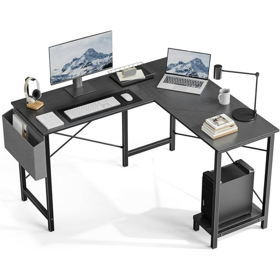 AENKYO 50" Reversible L-Shaped Computer Desk with Storage Bag & CPU Stand, Corner Desk for Home Office or Gaming, Black