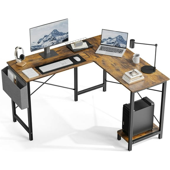 AENKYO 50" Reversible L-Shaped Computer Desk with Storage Bag & CPU Stand, Corner Desk for Home Office or Gaming, Rustic Brown