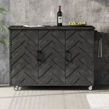 AENKYO 51.2"W 3D Wave Stripes Ash Veneer (Not Cheap Paper) Kitchen Island with Drop Leaf, Farmhouse Kitchen Island on Wheels with Internal Storage Rack, Rolling Kitchen Cart for Dining Room(Black)