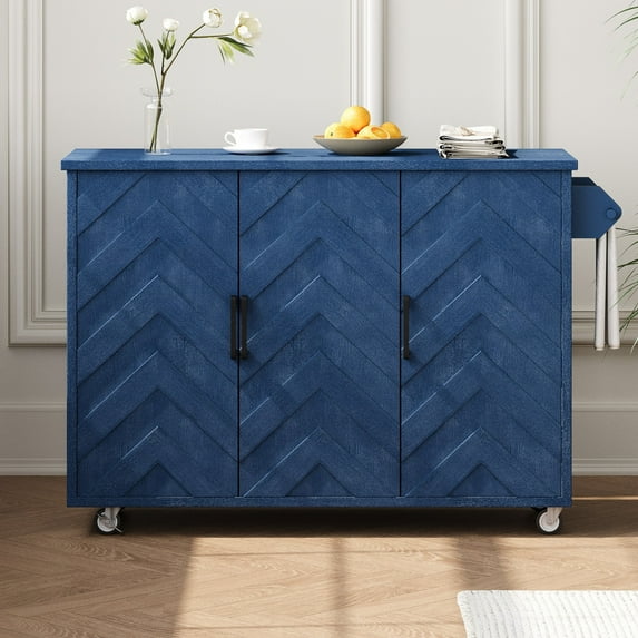 AENKYO 51.2"W 3D Wave Stripes Ash Veneer (Not Cheap Paper) Kitchen Island with Drop Leaf, Farmhouse Kitchen Island on Wheels with Internal Storage Rack, Rolling Kitchen Cart for Dining Room(Blue)