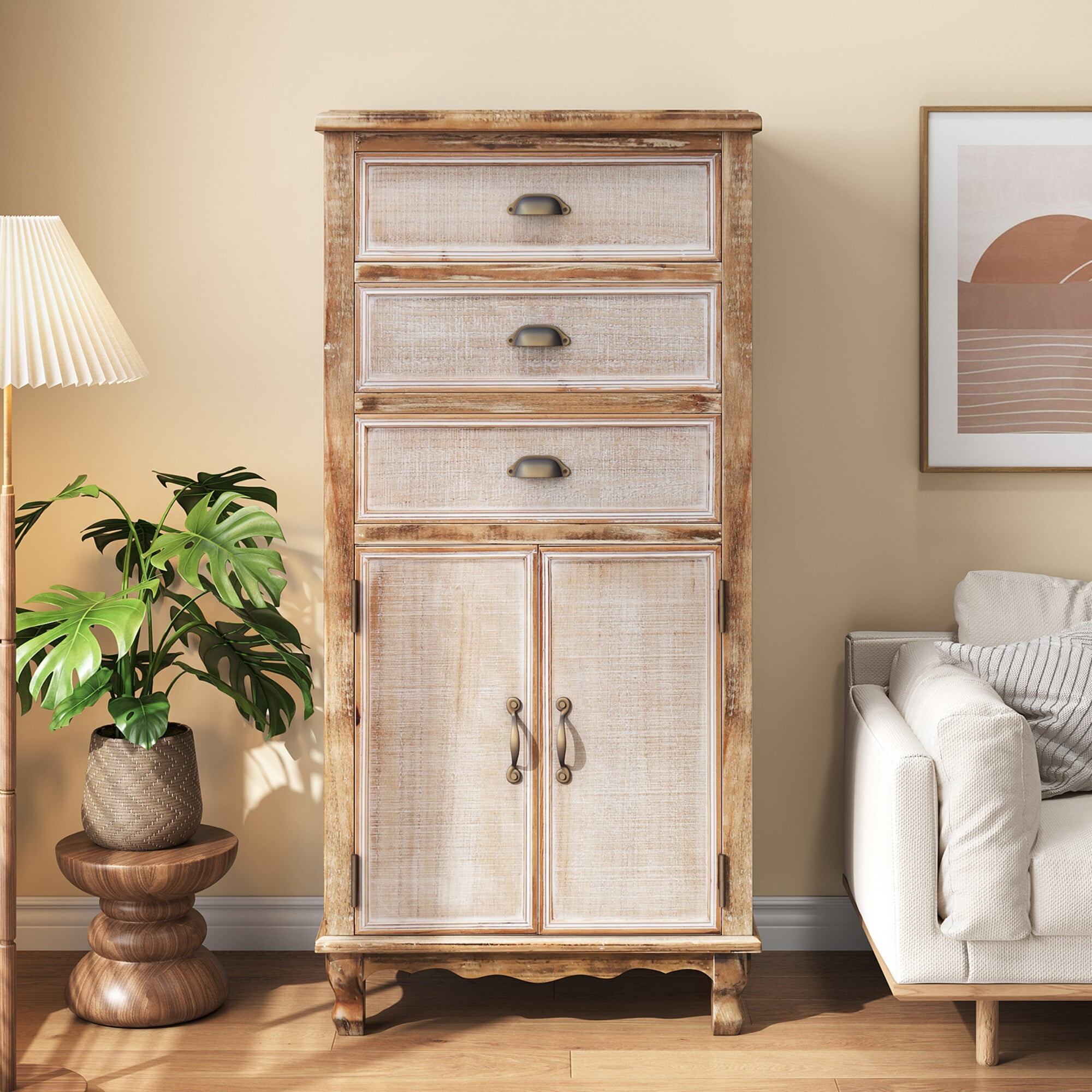 AENKYO 51" Rustic Wood Storage Cabinet with 3 Drawers, Tall Farmhouse Accent Chest for Small Spaces, Antique White