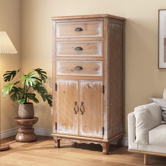 AENKYO 51" Rustic Wood Storage Cabinet with 3 Drawers, Tall Farmhouse Accent Chest for Small Spaces, Natural Wood