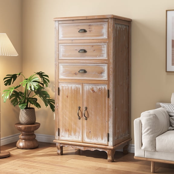 AENKYO 51" Rustic Wood Storage Cabinet with 3 Drawers, Tall Farmhouse Accent Chest for Small Spaces, Natural Wood